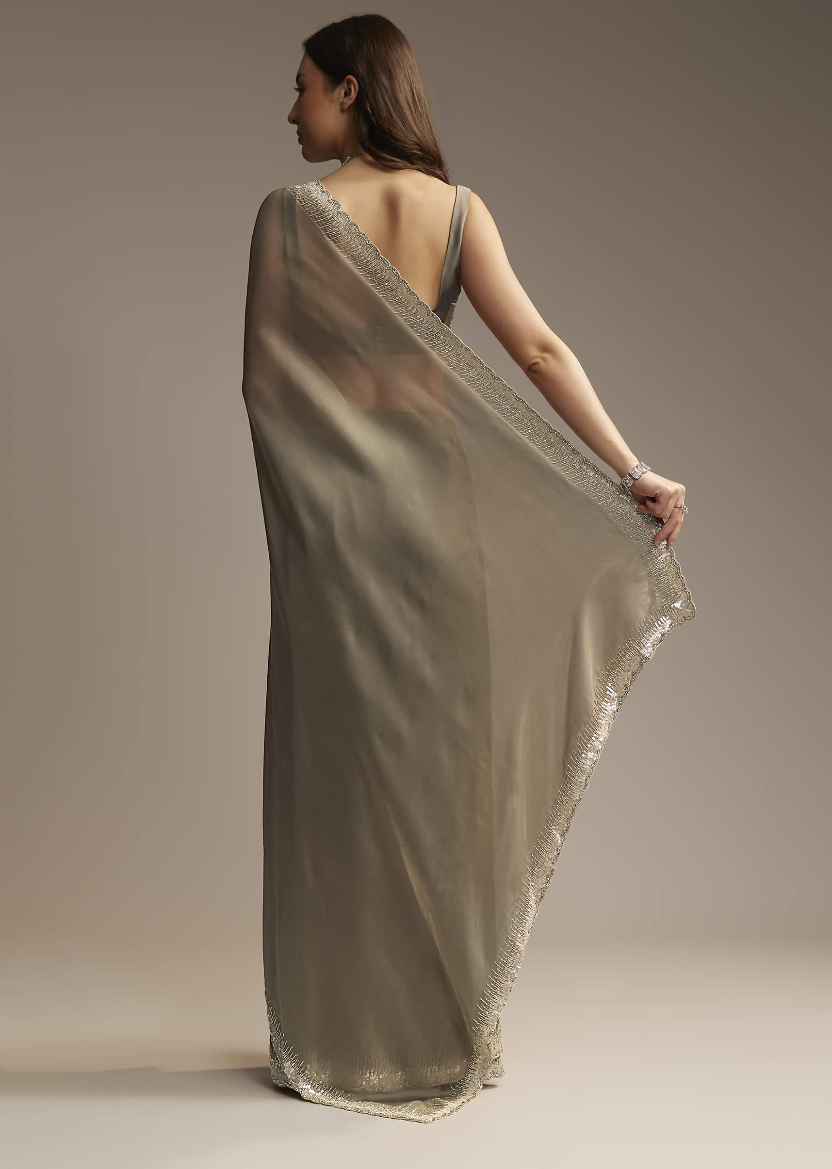Grey Organza Saree with Cutdana Sequin Embroidery - Image 5