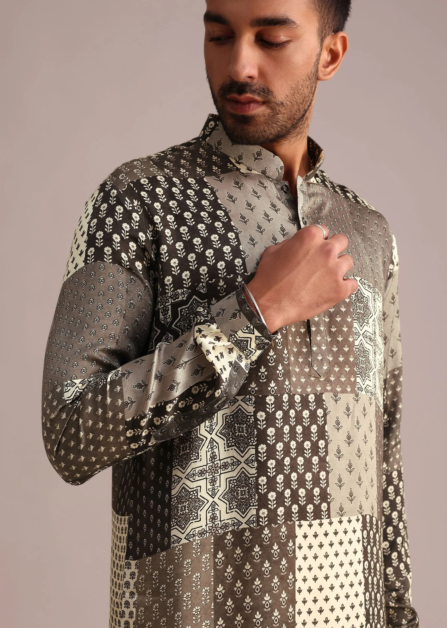 Grey Patchwork Printed Kurta With Floral And Geometric Motifs - Image 2