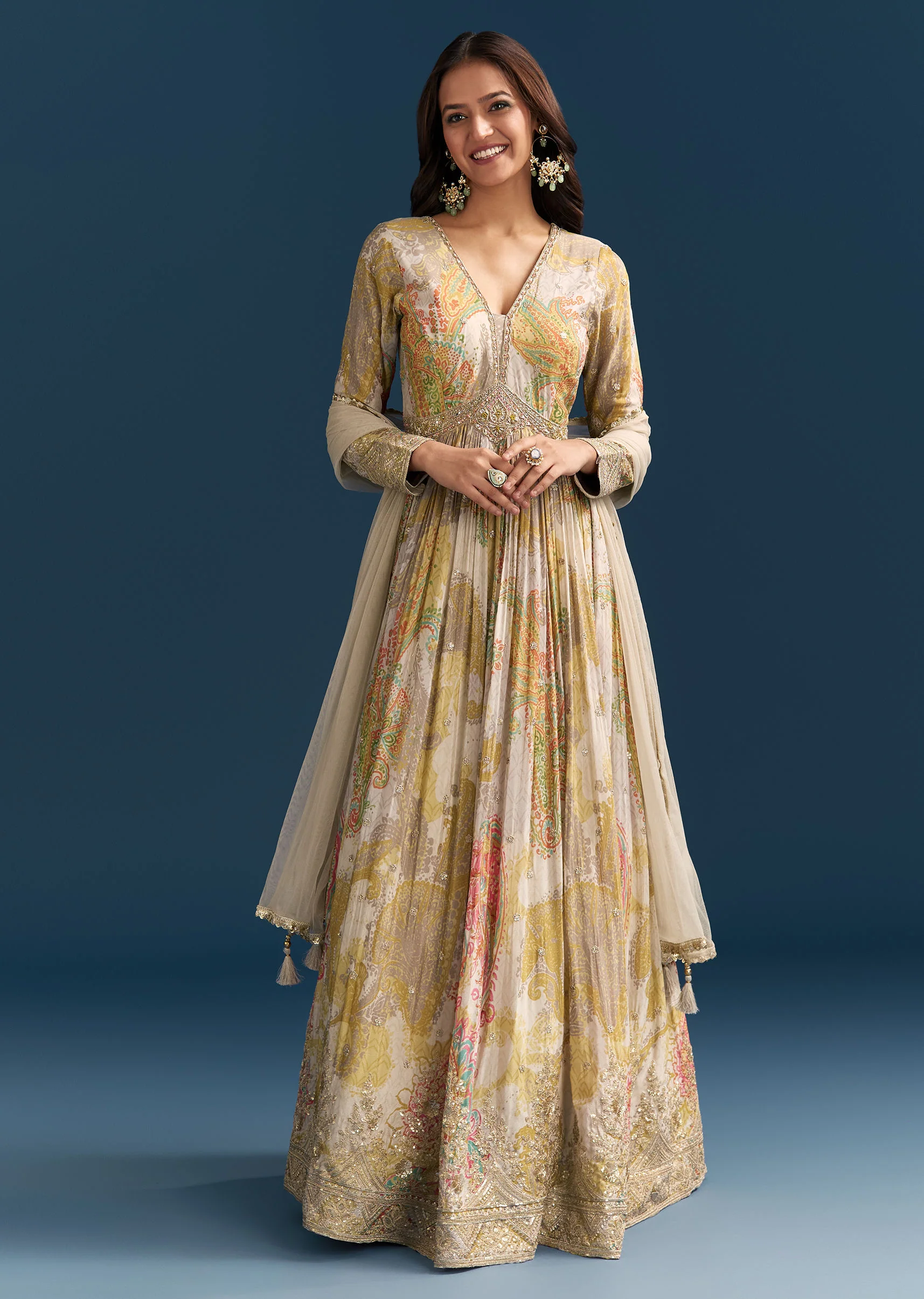 Grey Printed Chinon Anarkali Suit With Zari Work - Image 4