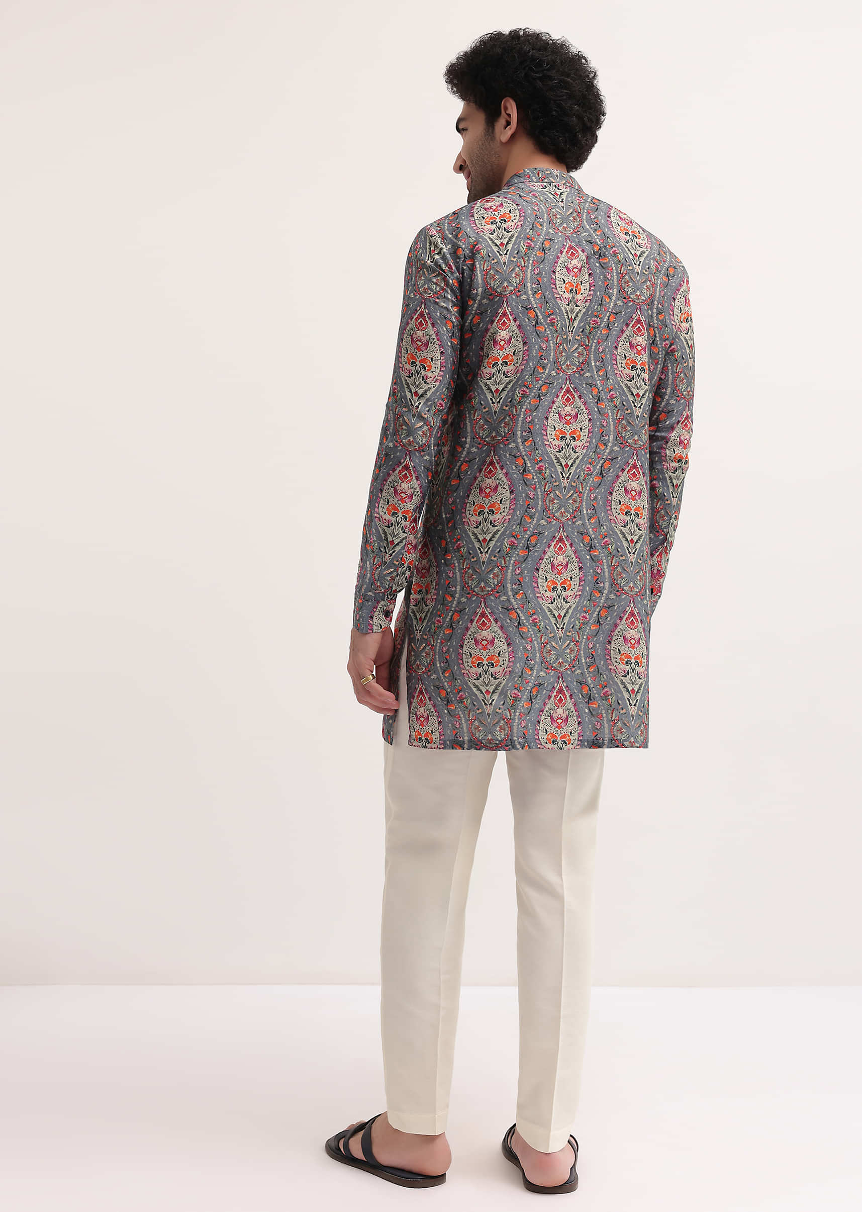Grey Printed Silk Short Kurta Set For Men - Image 5