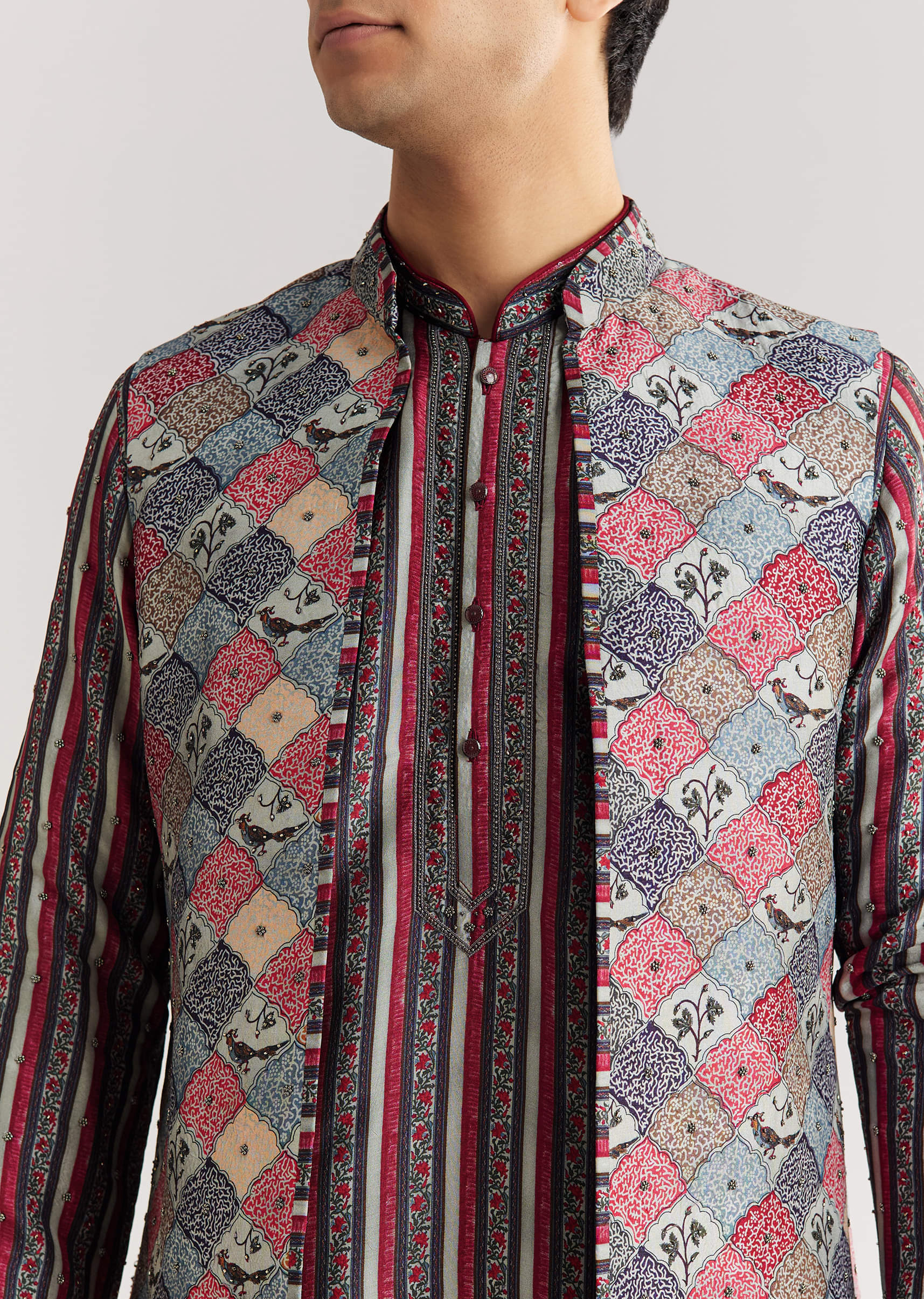 Grey Rawsilk Jacket Kurta Set With Cut Dana And Stone - Image 3