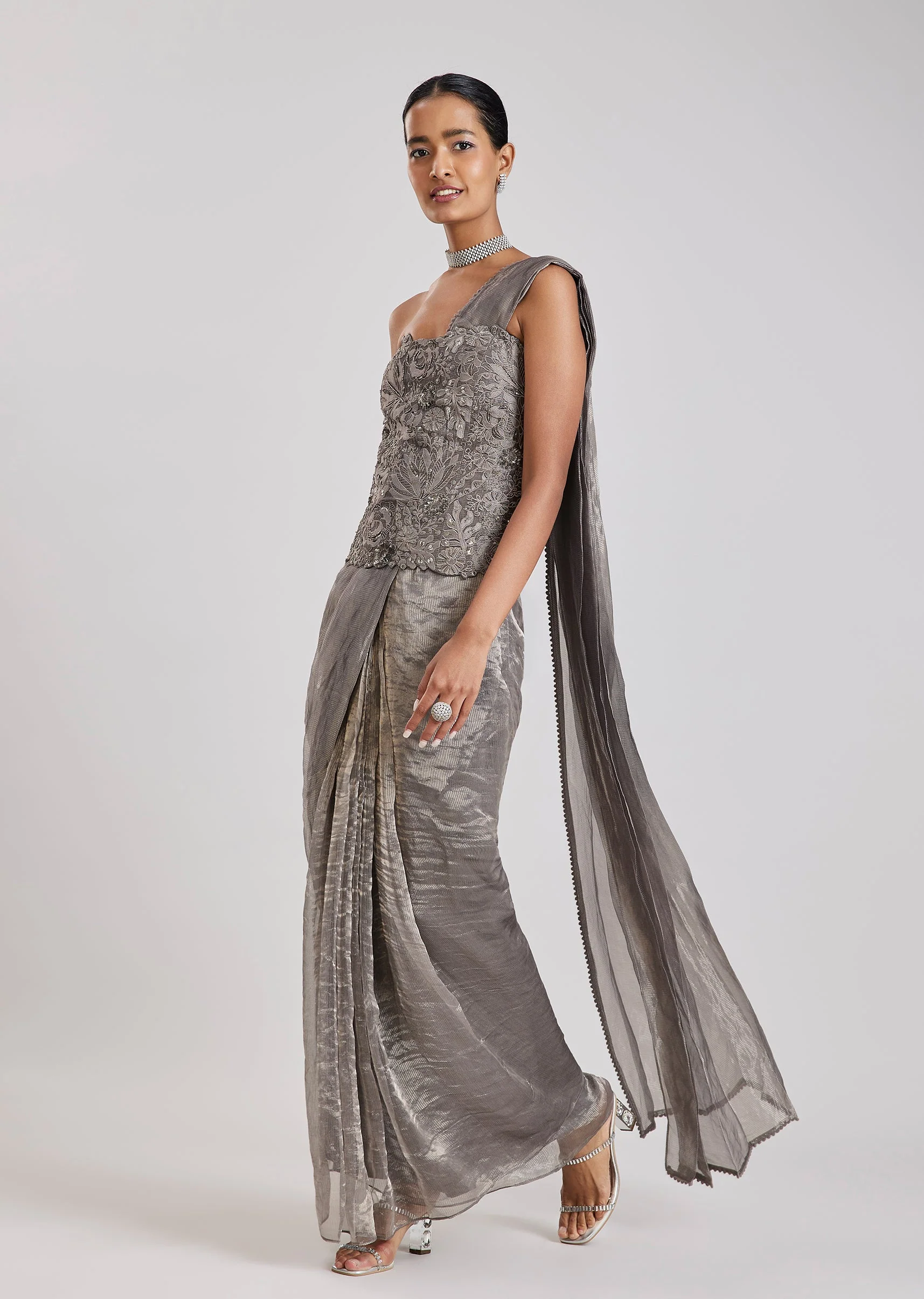 Grey Ready Pleated Saree With Corset Blouse - Image 3