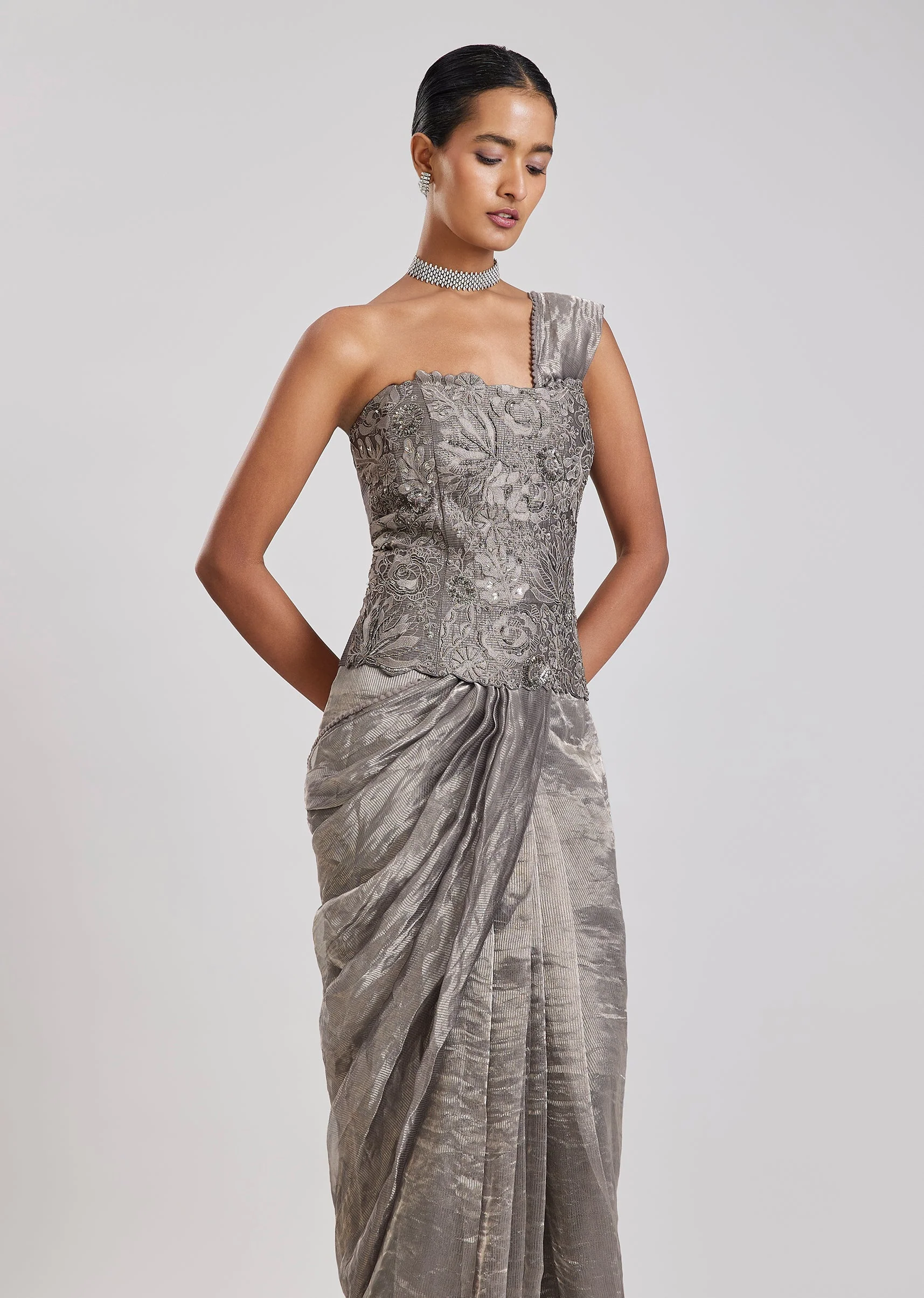 Grey Ready Pleated Saree With Corset Blouse - Image 4