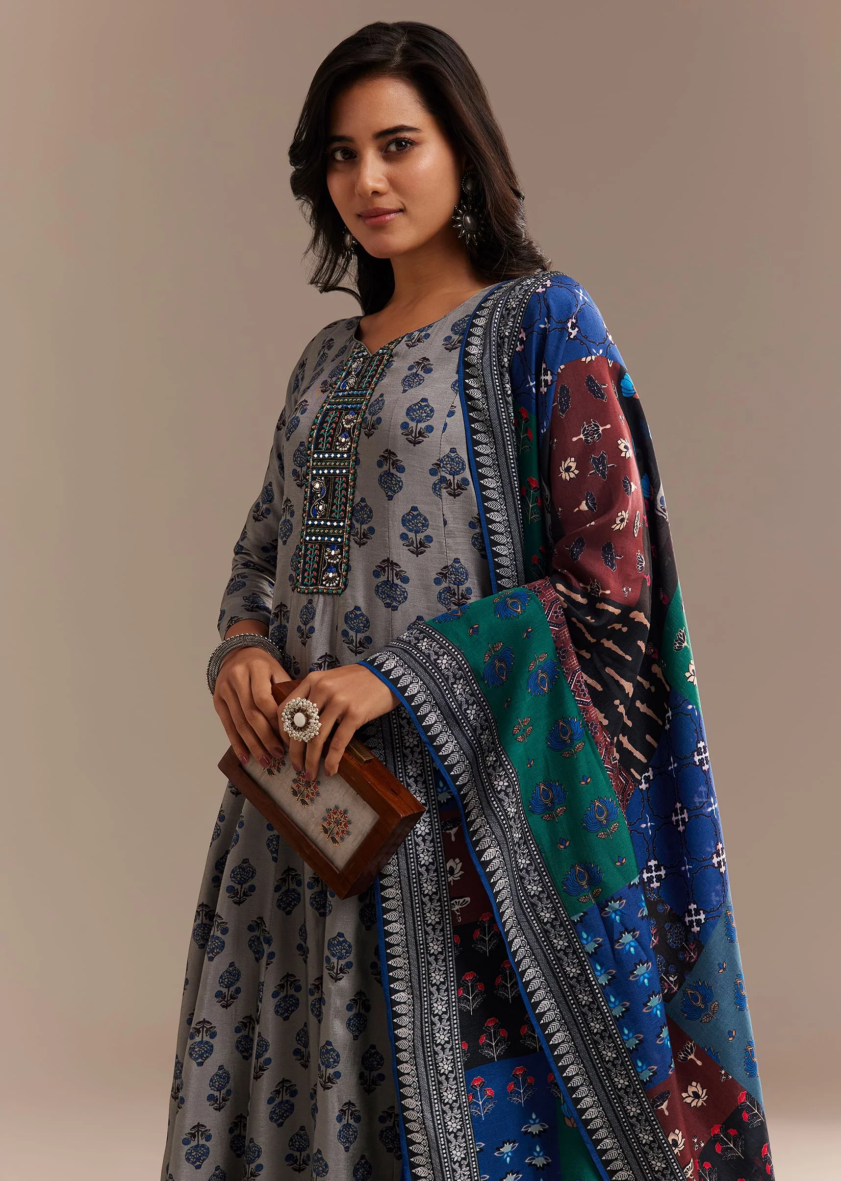 Grey Roman Silk Printed Anarkali Set - Image 4
