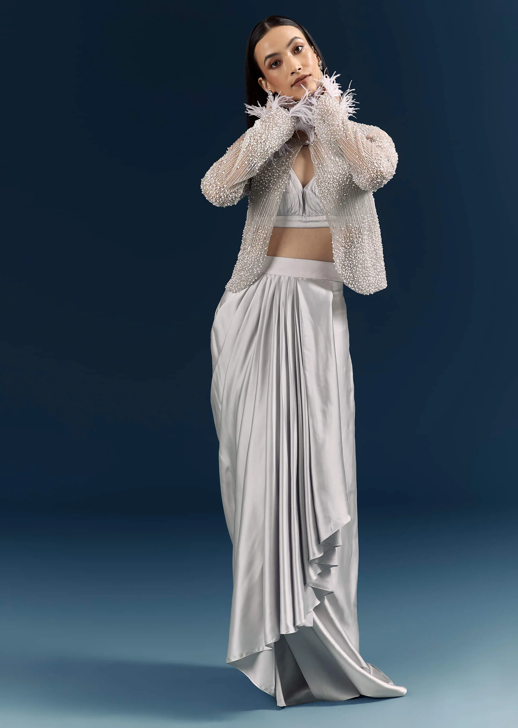 Grey Satin Crop Top And Drape Skirt With Embellishments - Image 3
