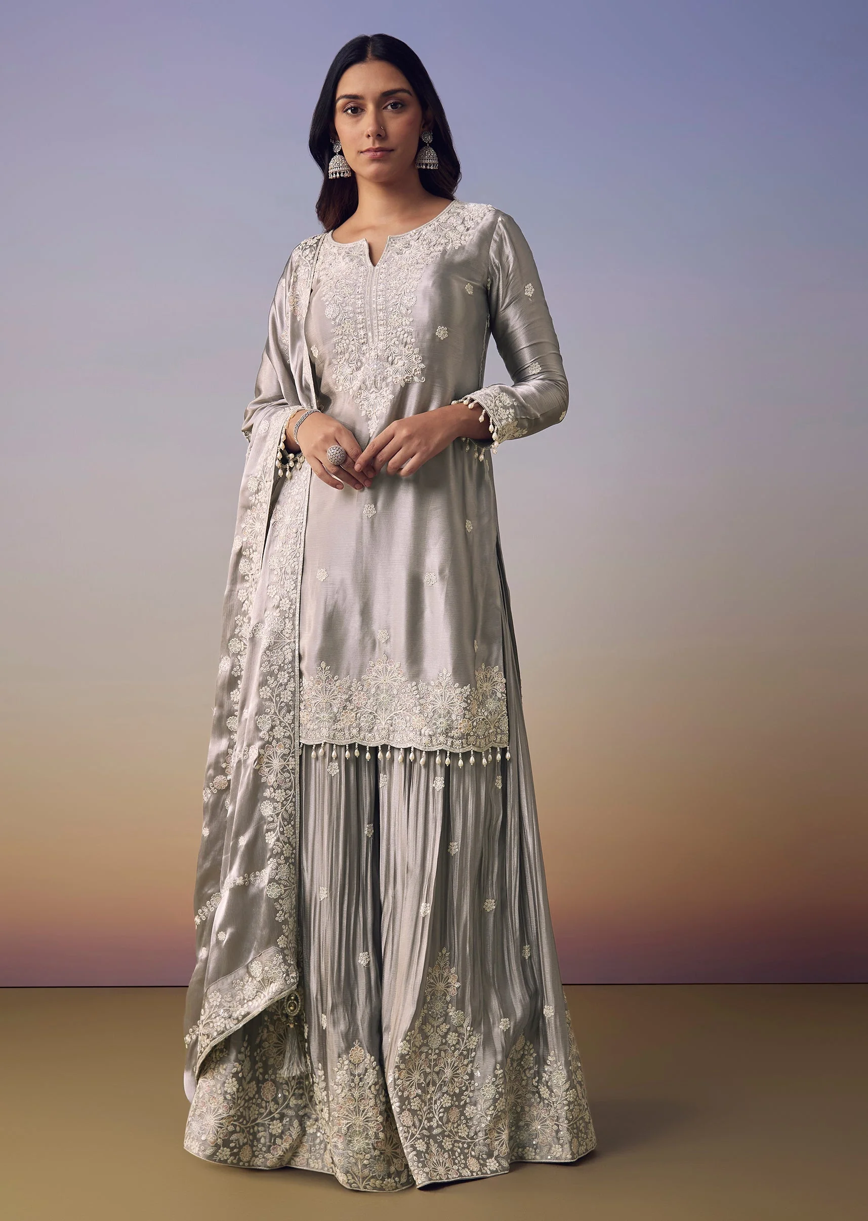 Grey Satin Embroidered Kurta and Palazzo Set