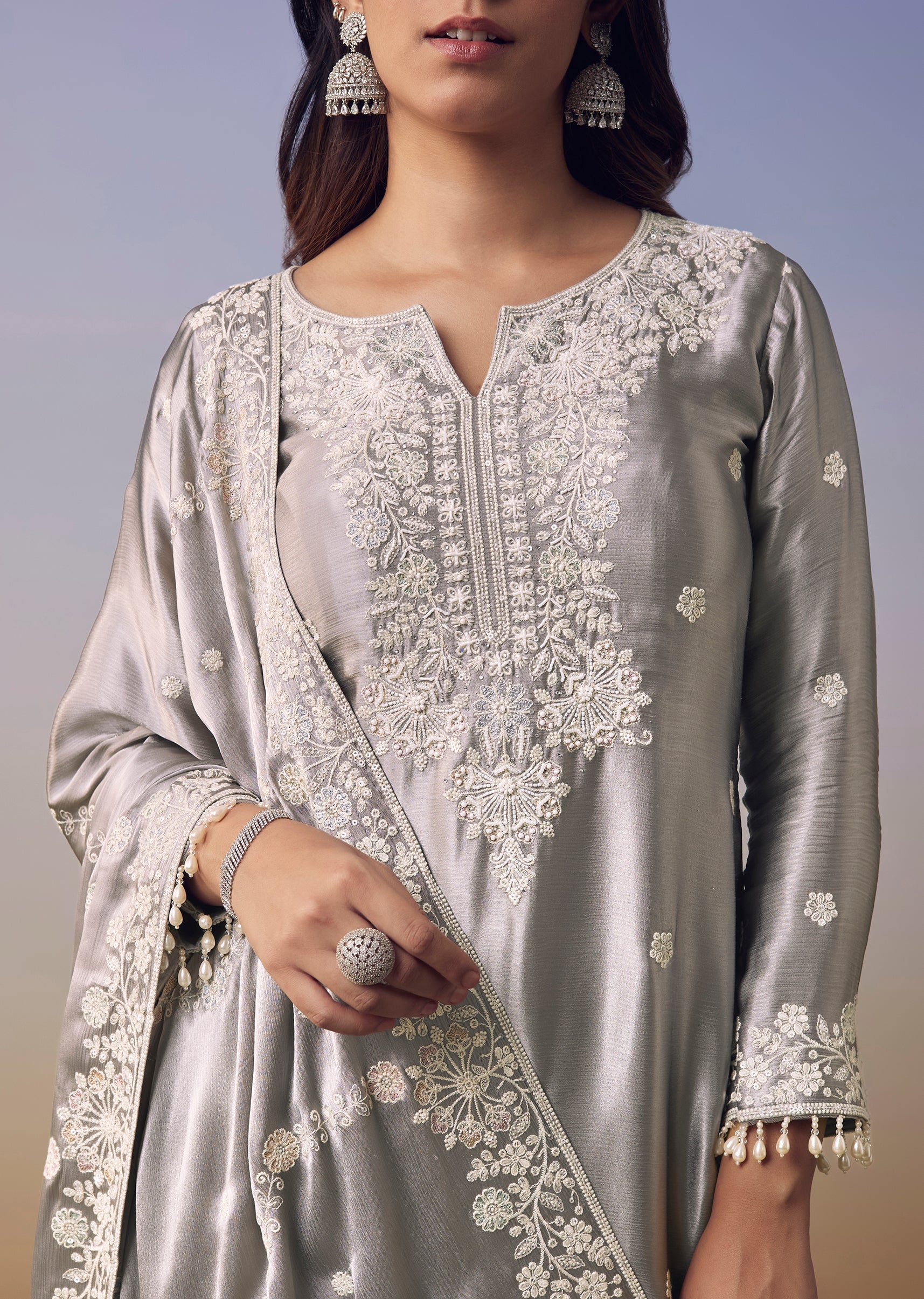 Grey Satin Embroidered Kurta and Palazzo Set - Image 2
