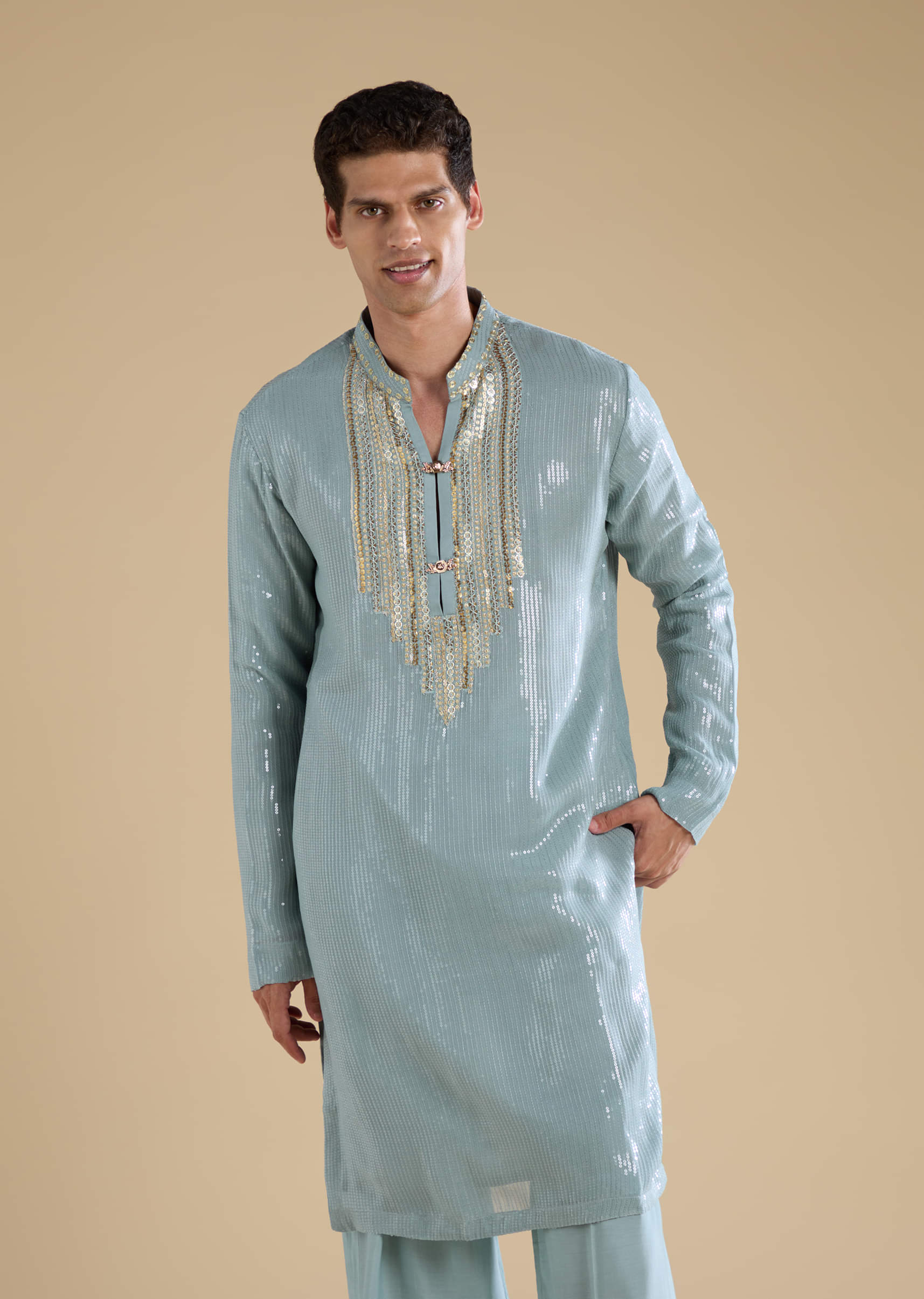 Grey Sequin Embellished Kurta and Jacket Set - Image 6