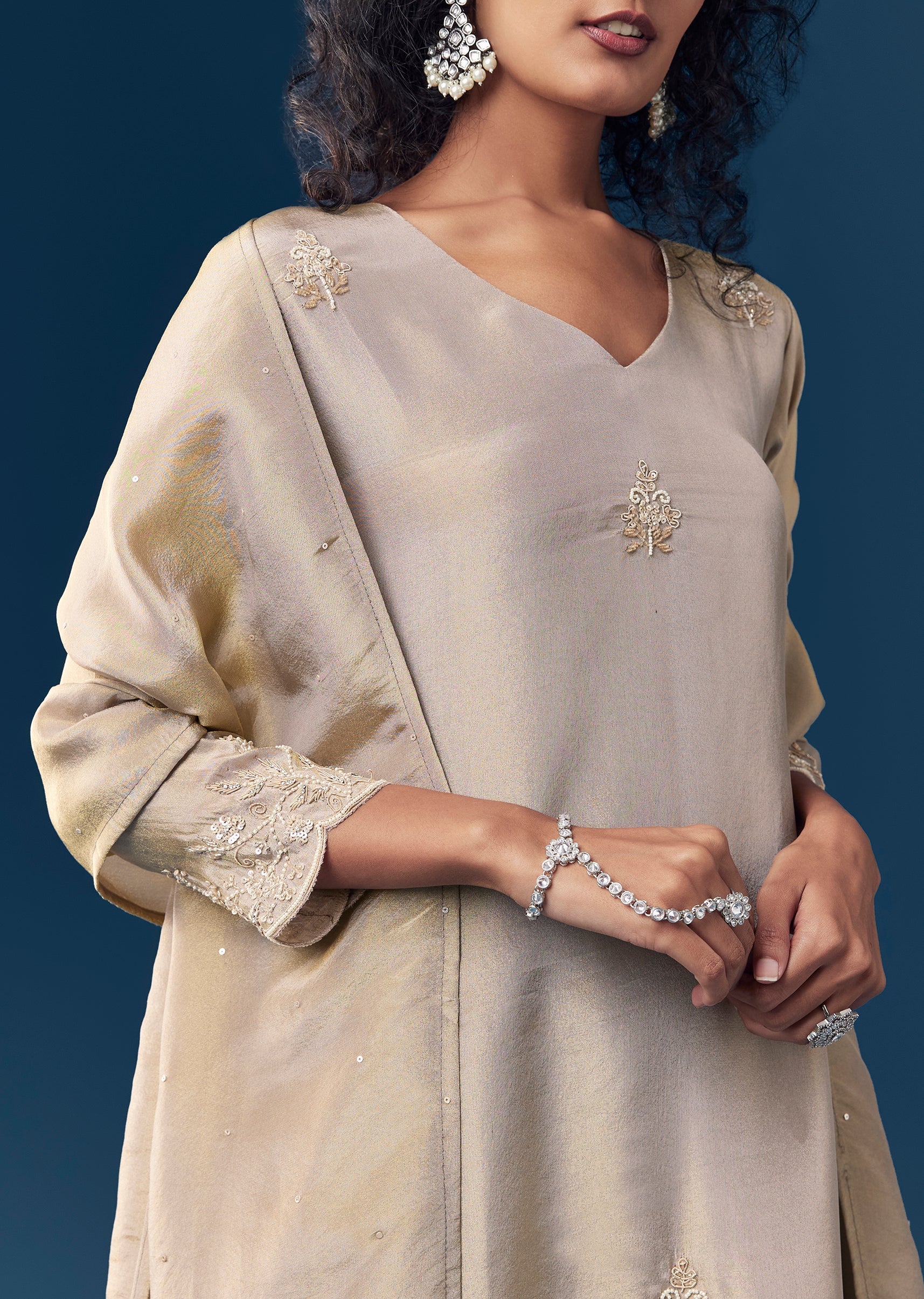 Grey Sequin Embellished Tissue Anarkali Set - Image 2