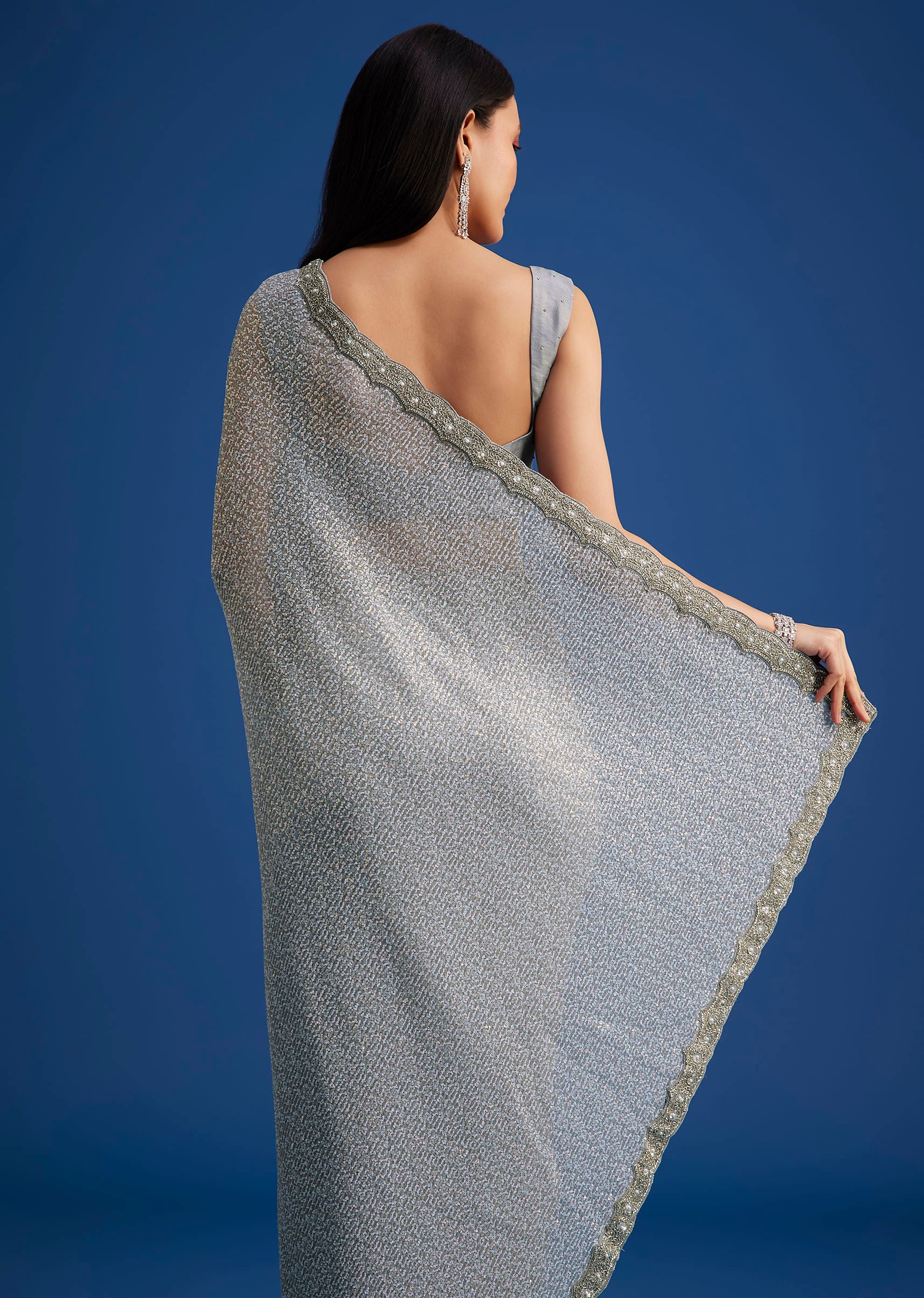 Grey Sequins Saree With Scalloped Embroidered Border - Image 6