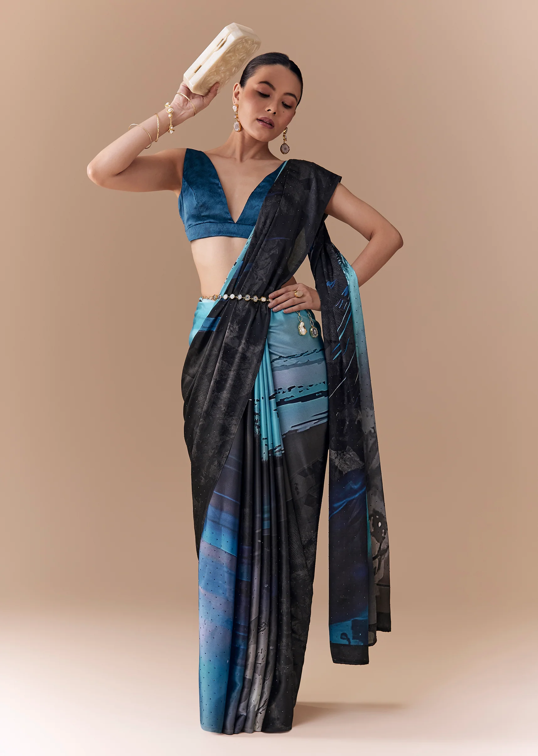 Grey Shaded Printed Satin Saree with Blouse Fabric - Image 3