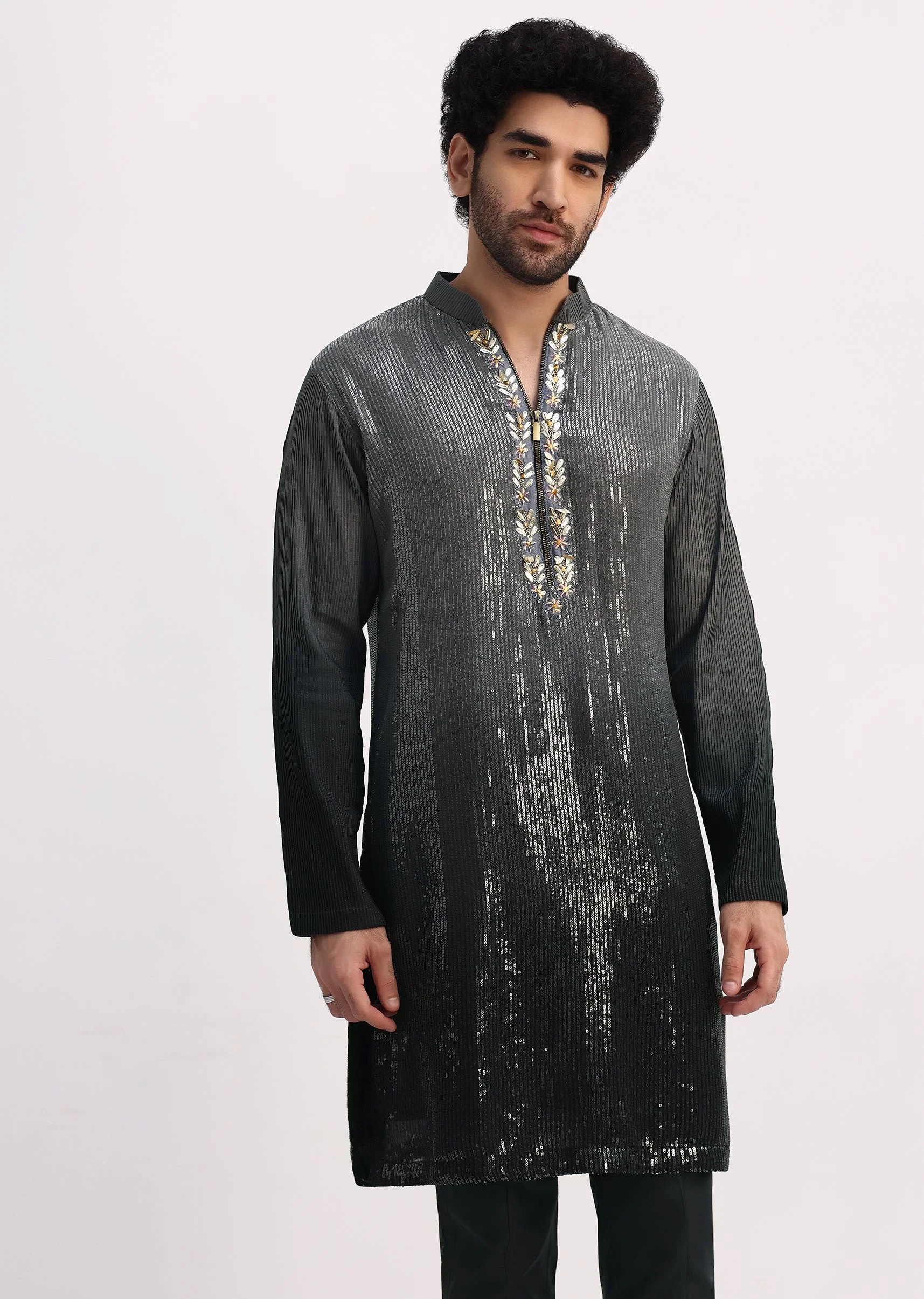 Grey Shaded Sequin Zipper Kurta With Black Pants - Image 2