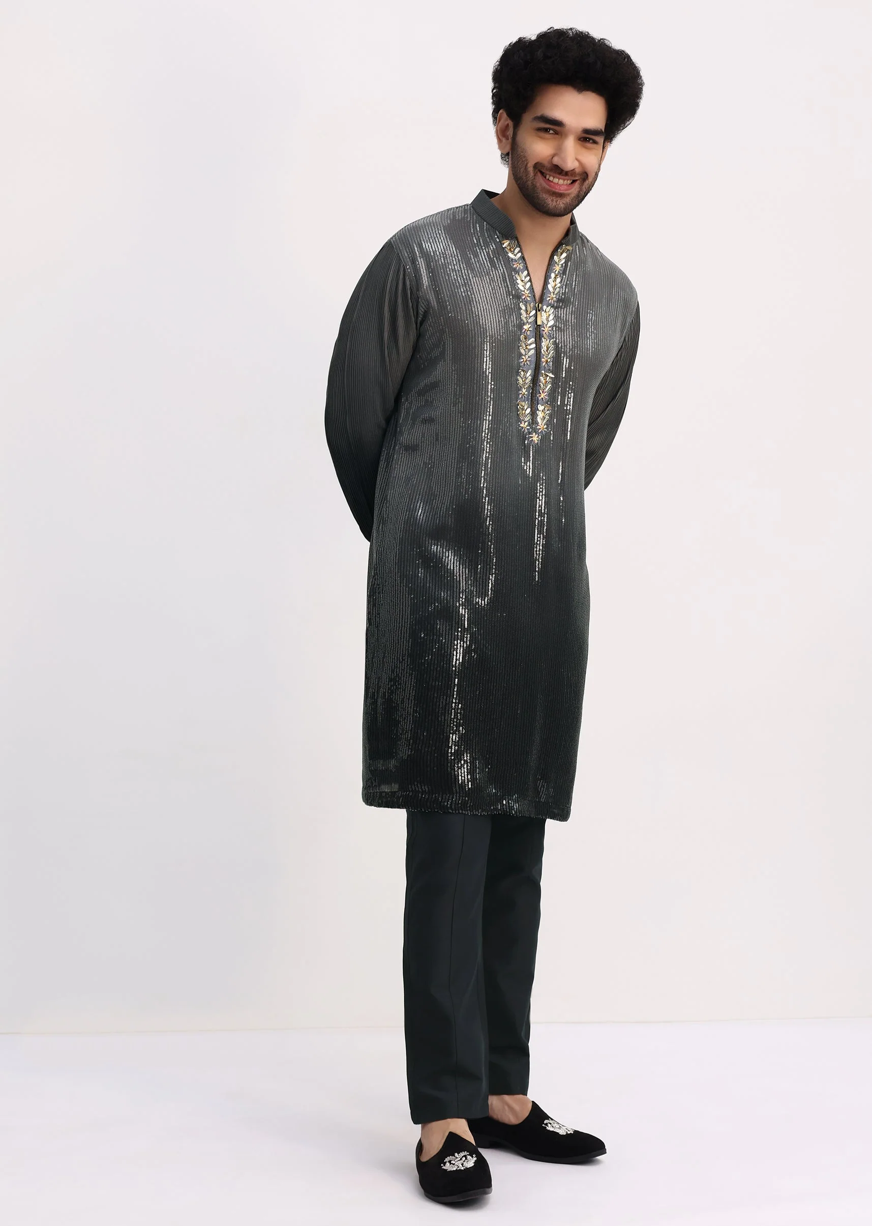 Grey Shaded Sequin Zipper Kurta With Black Pants - Image 3