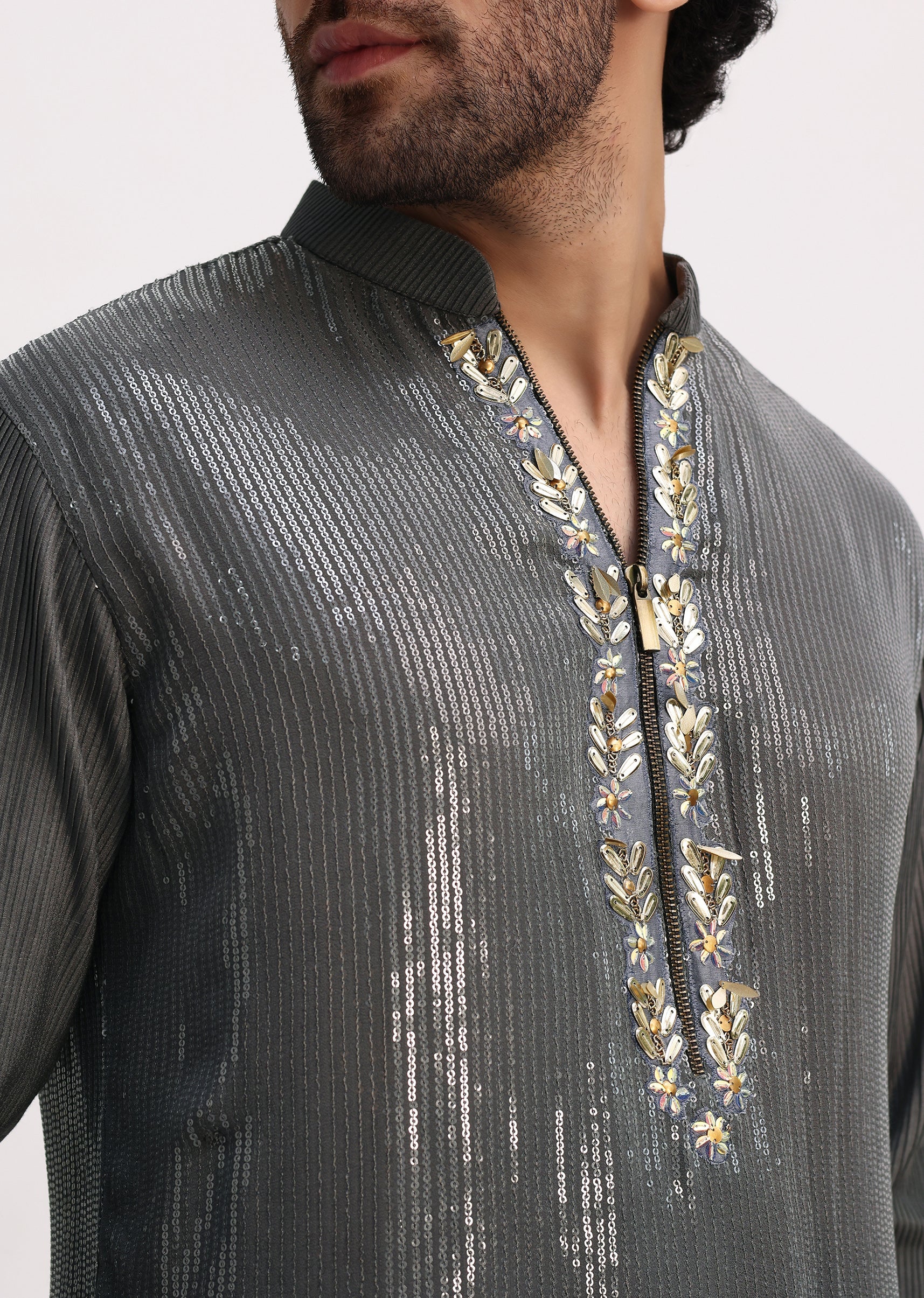 Grey Shaded Sequin Zipper Kurta With Black Pants - Image 4