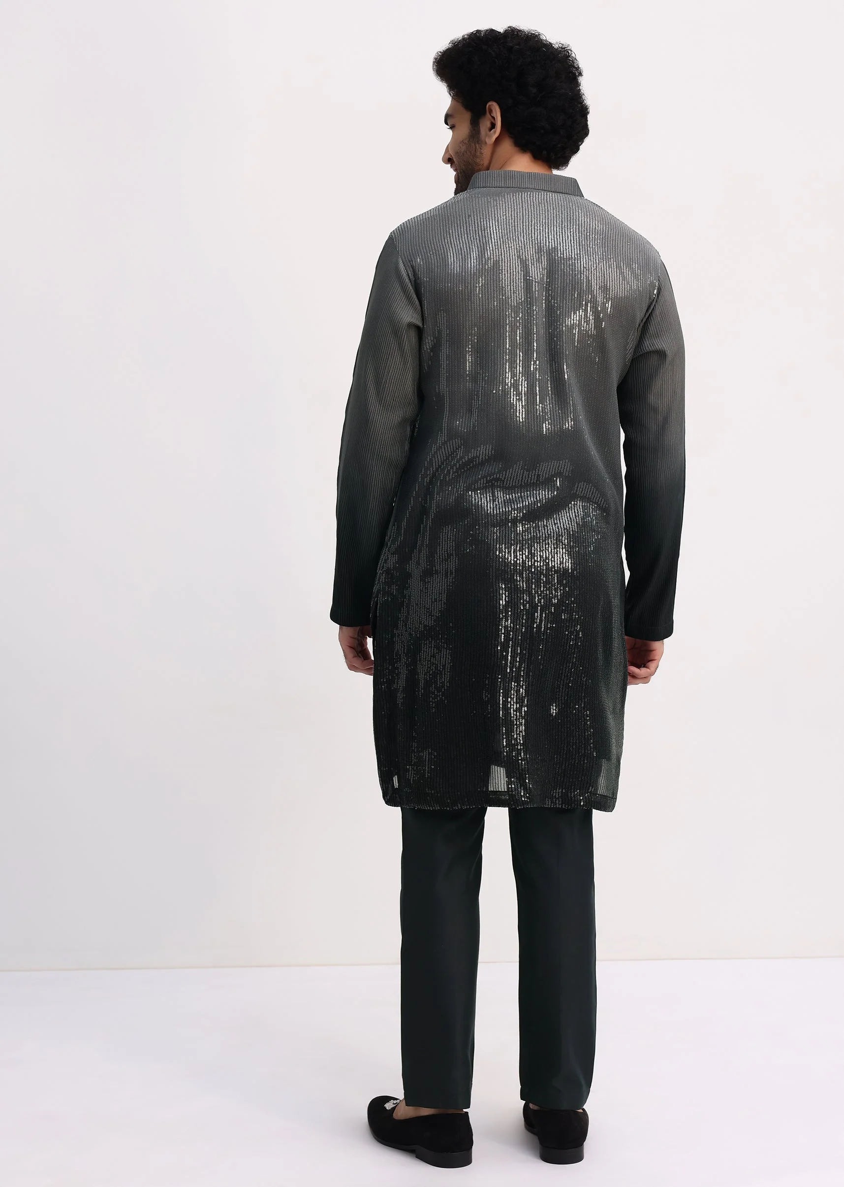 Grey Shaded Sequin Zipper Kurta With Black Pants - Image 5