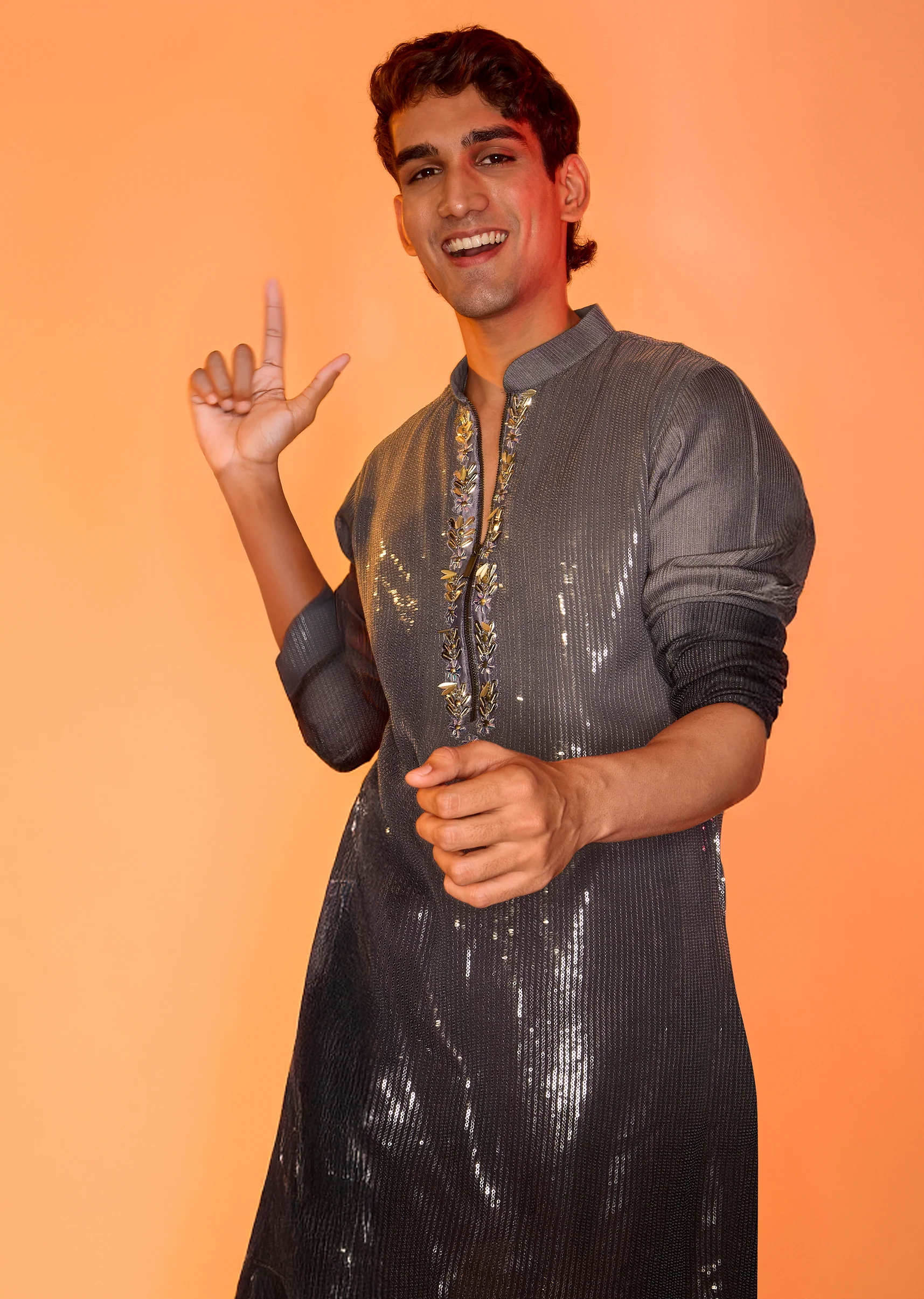 Grey Shaded Sequin Zipper Kurta With Black Pants - Image 7