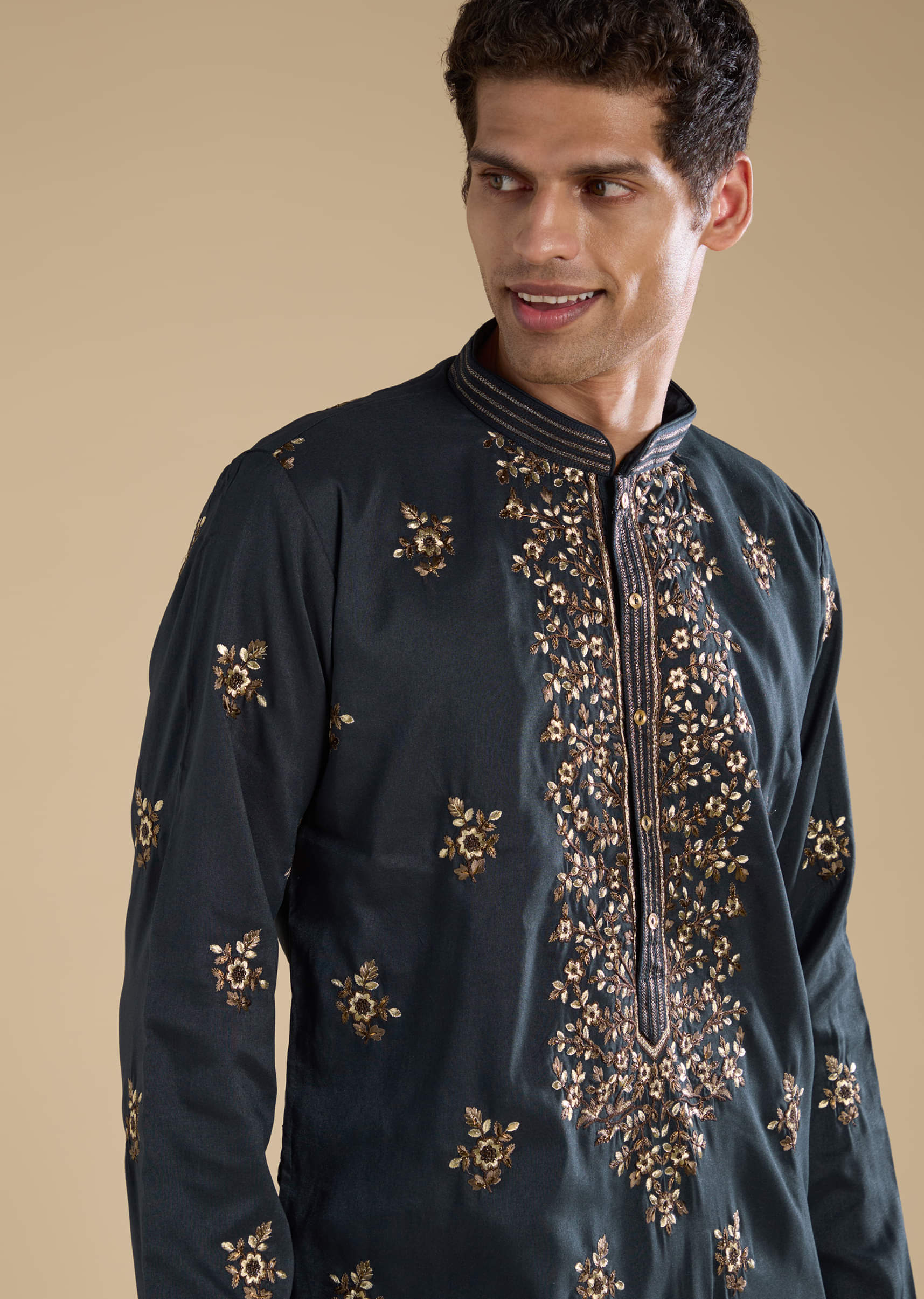 Grey Silk Embellished Mens Kurta and Pant Set - Image 2