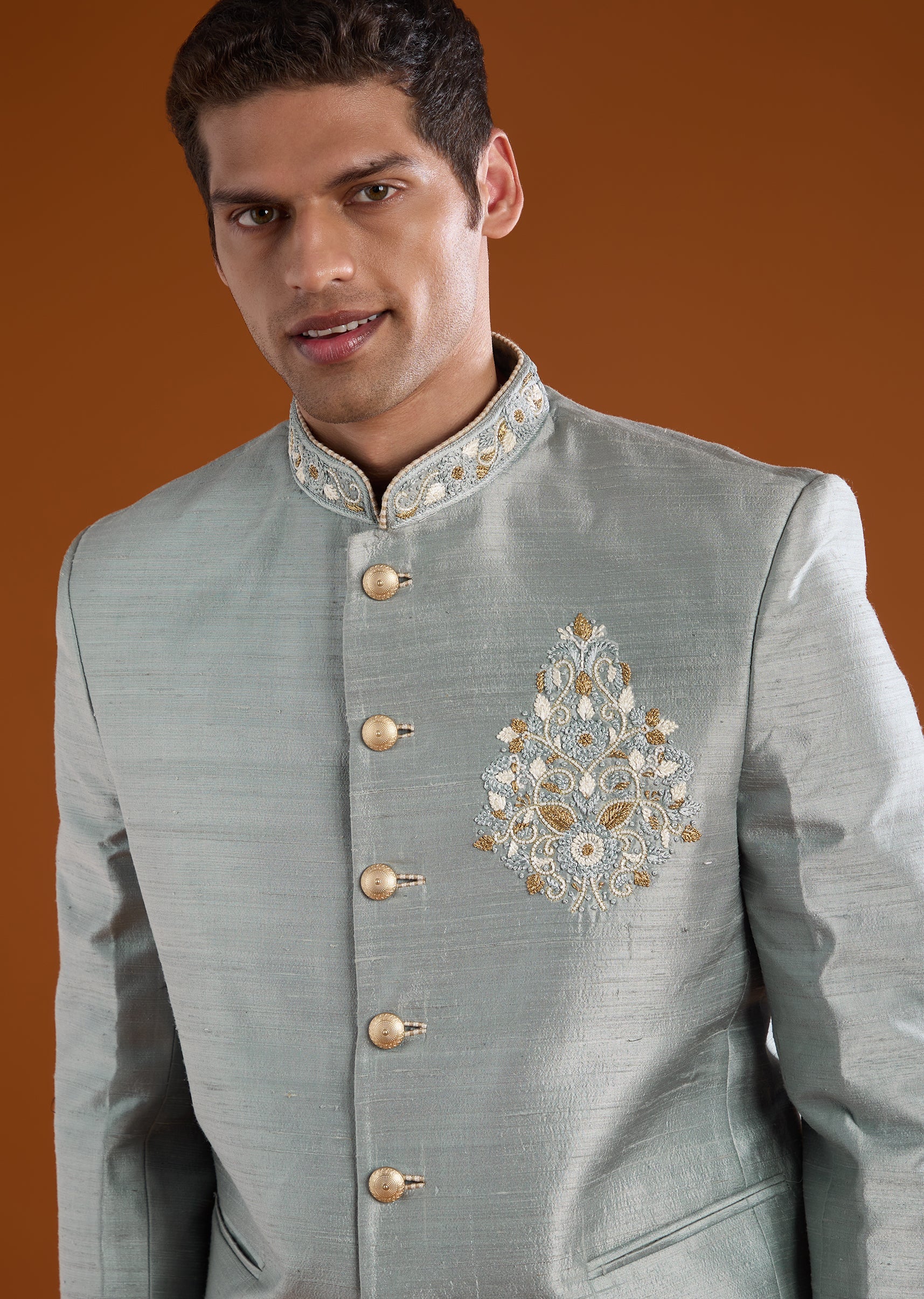 Grey Silk Jodhpuri Pant Set with Cutdana Work - Image 3