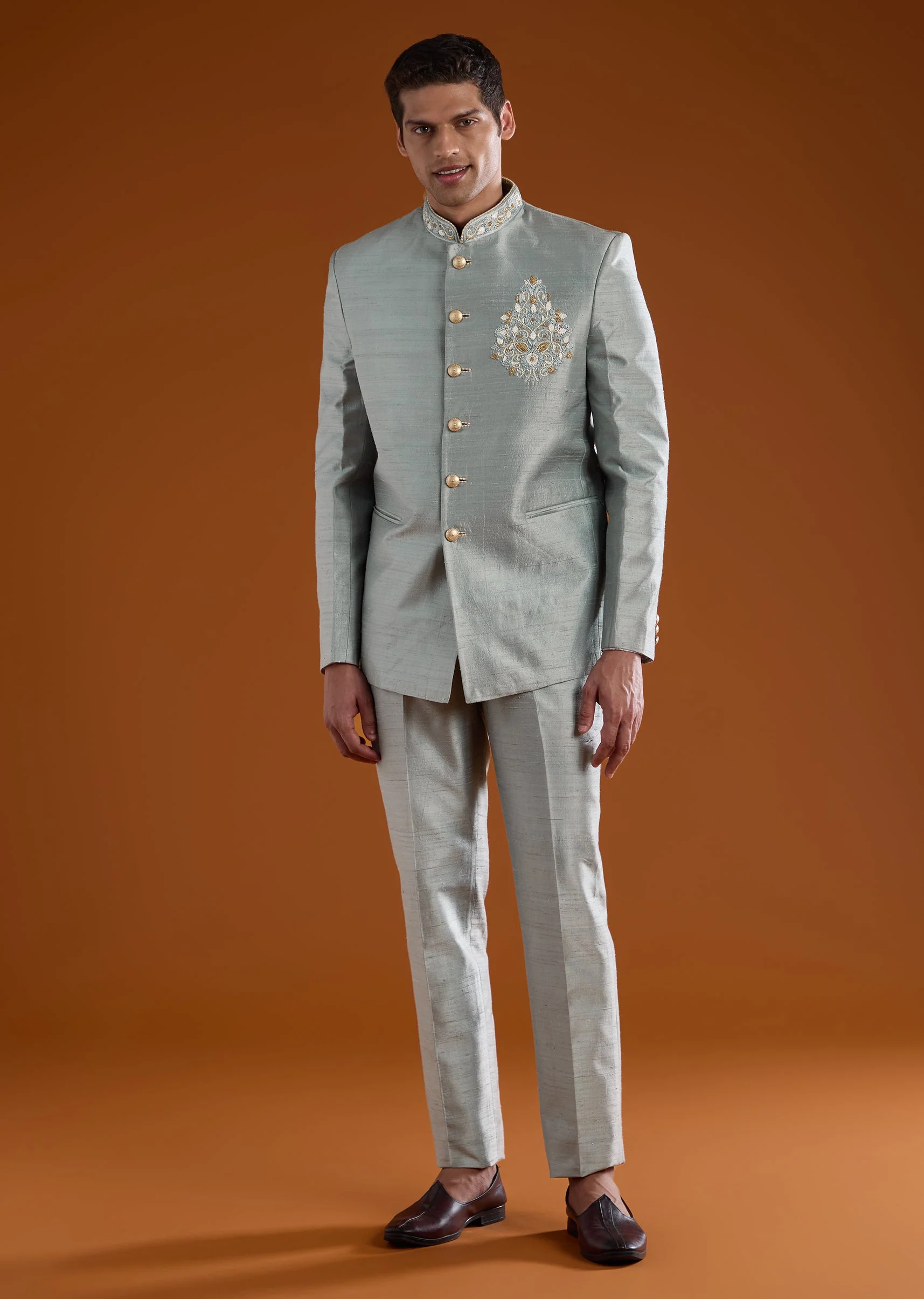 Grey Silk Jodhpuri Pant Set with Cutdana Work - Image 4