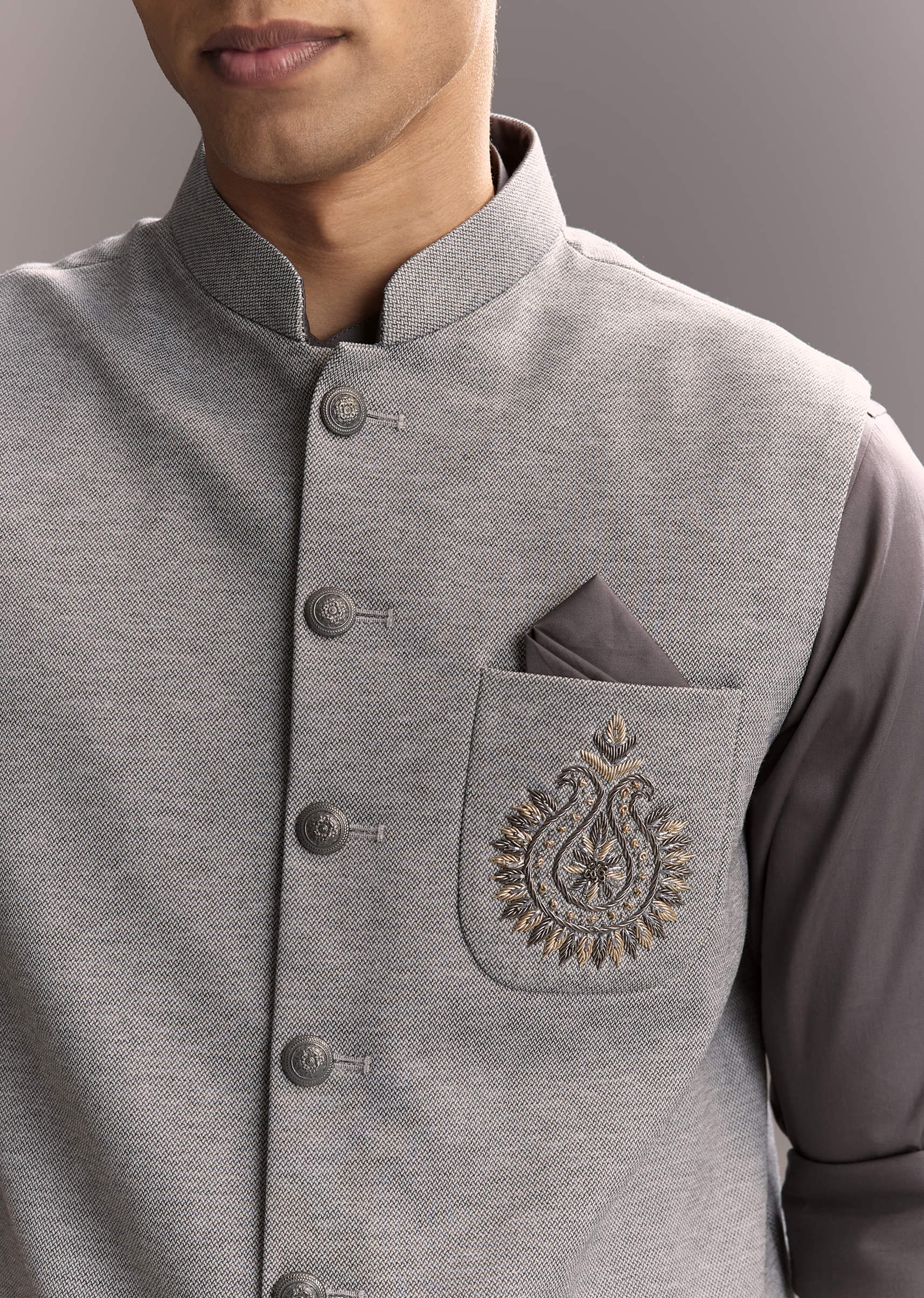 Grey Silk Kurta Jacket Set For Men With Hand Embroidery - Image 2