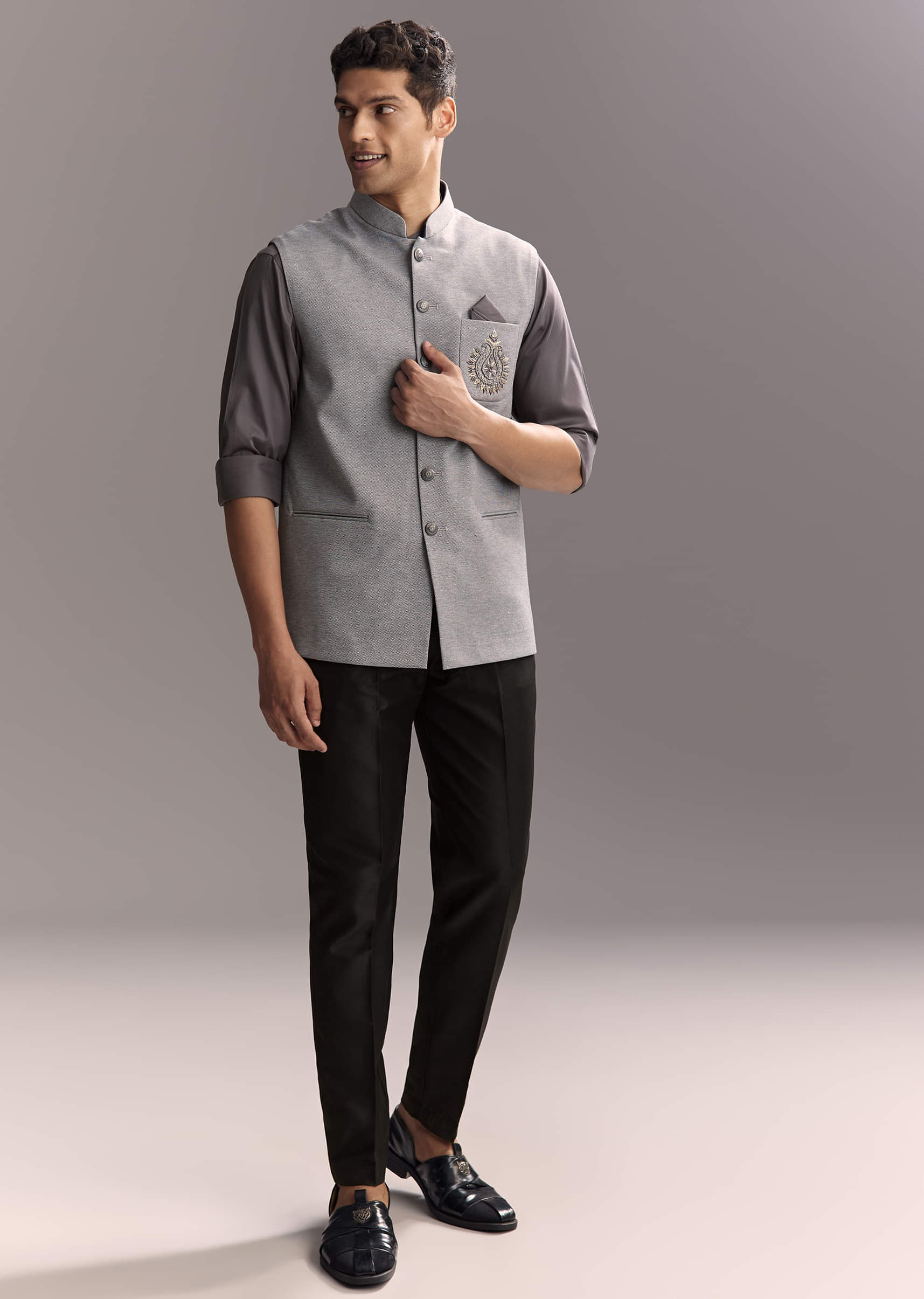 Grey Silk Kurta Jacket Set For Men With Hand Embroidery - Image 3