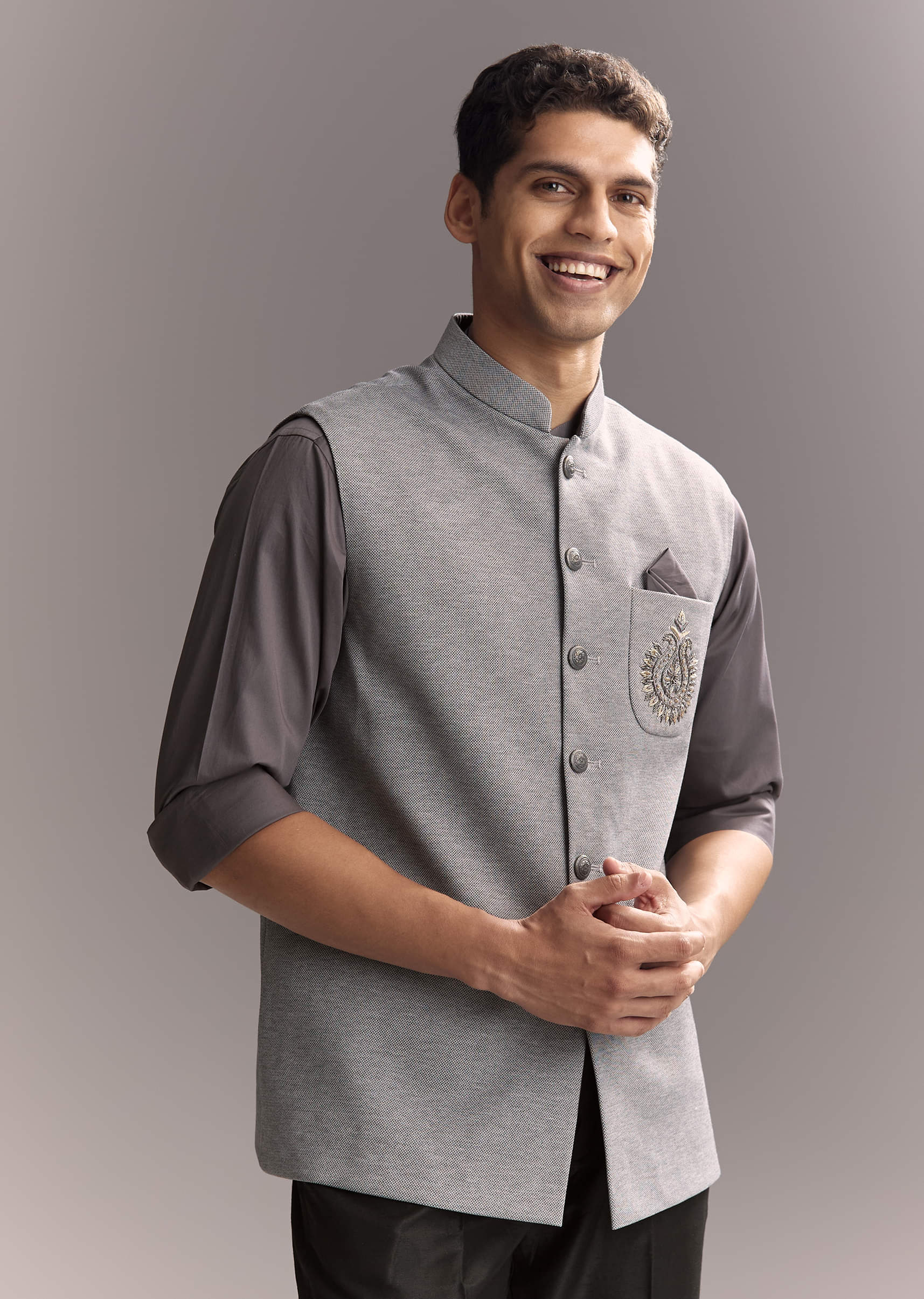 Grey Silk Kurta Jacket Set For Men With Hand Embroidery - Image 4