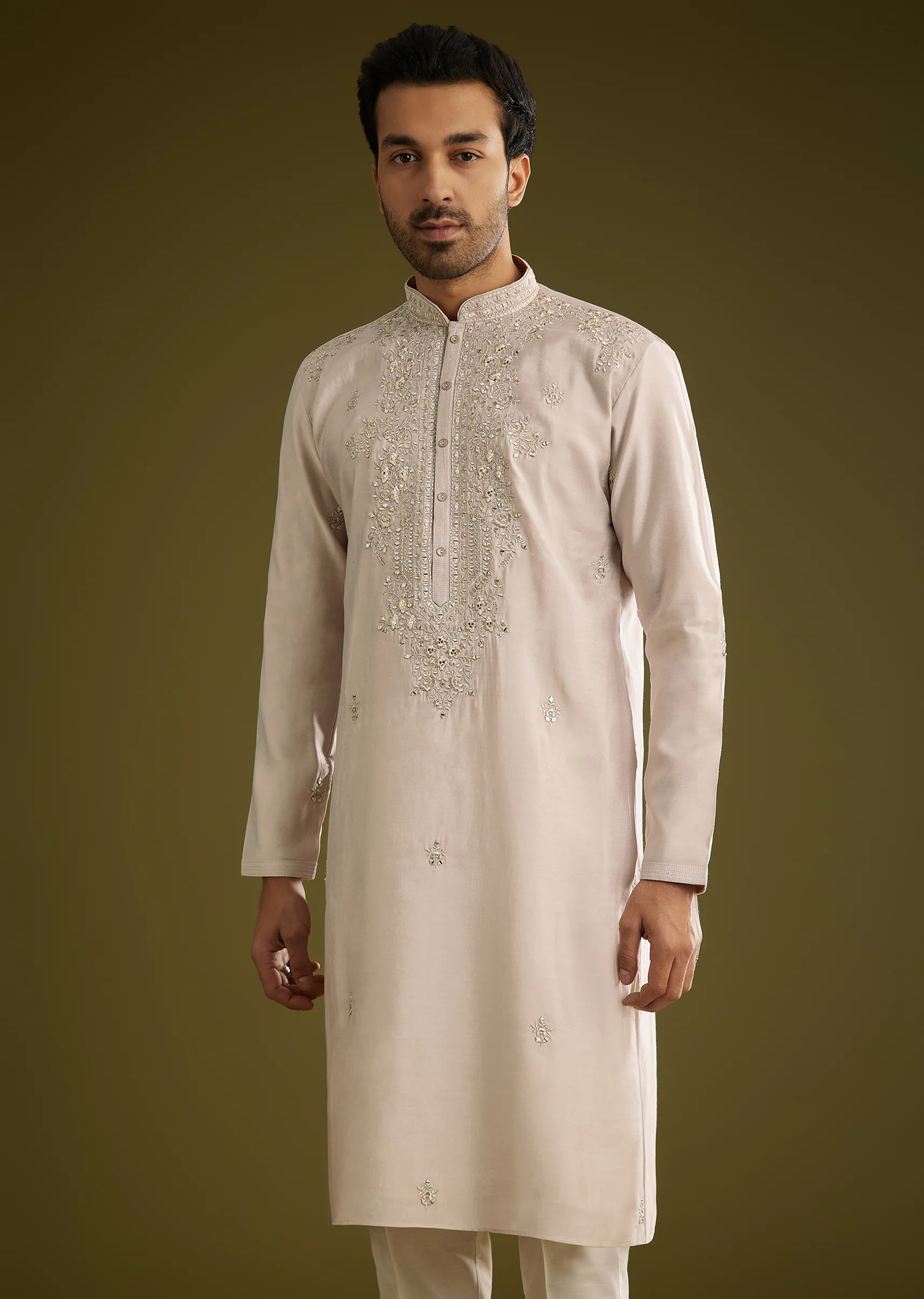 Grey Silk Kurta Set With Mirror And Thread Work - Image 3