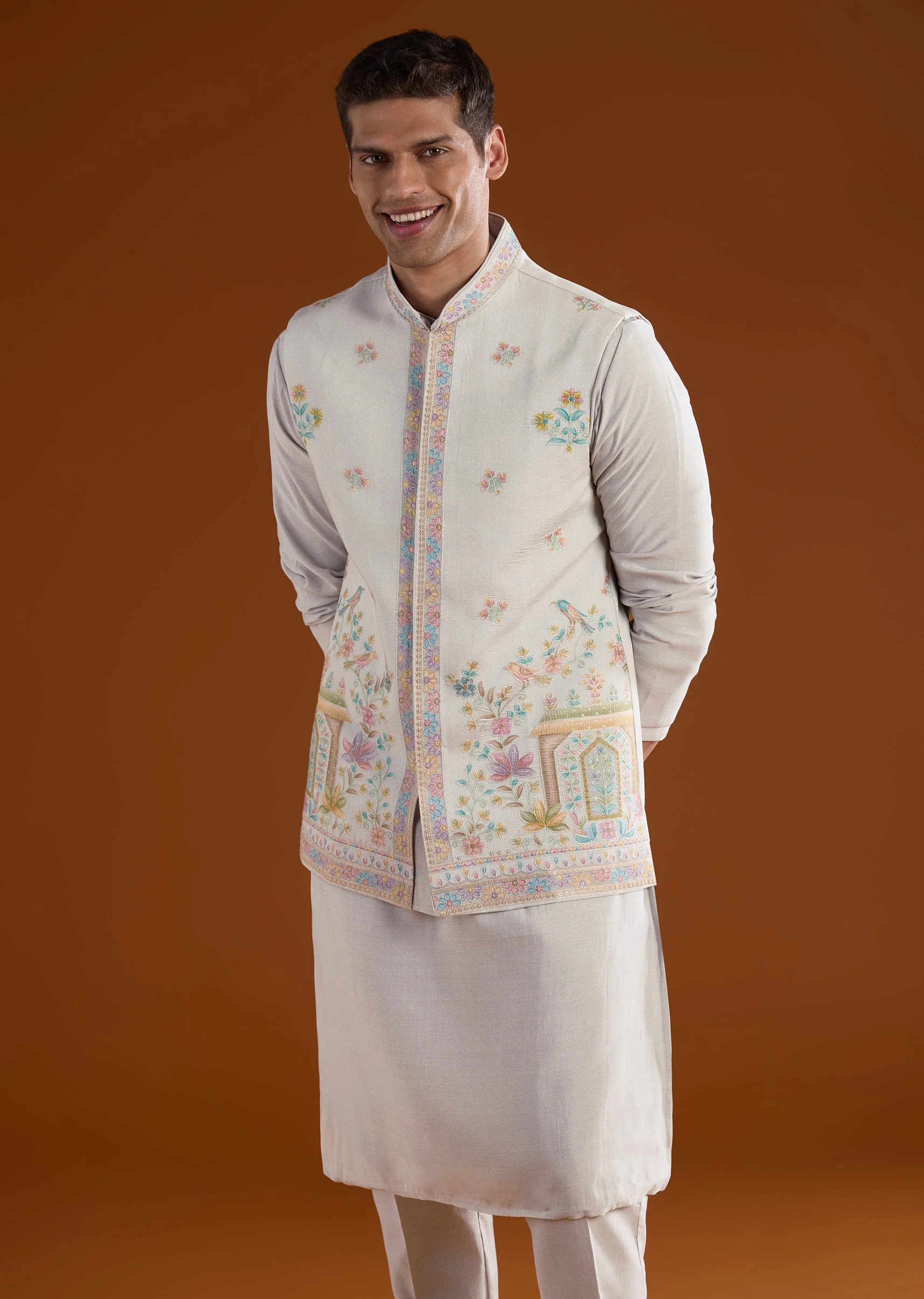 Grey Silk Mens Kurta Jacket Set With Thread And Motif Work - Image 4