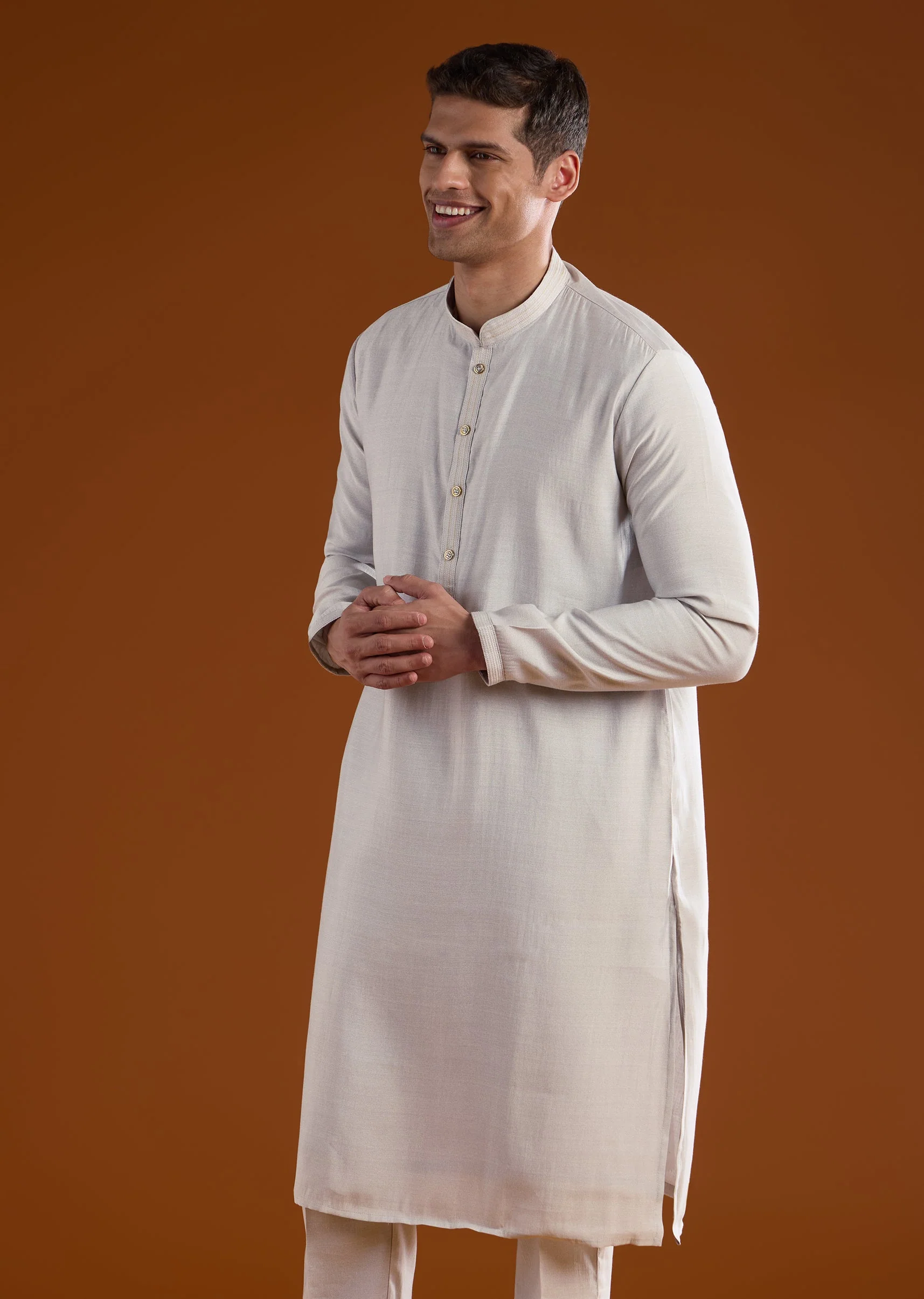 Grey Silk Mens Kurta Jacket Set With Thread And Motif Work - Image 6
