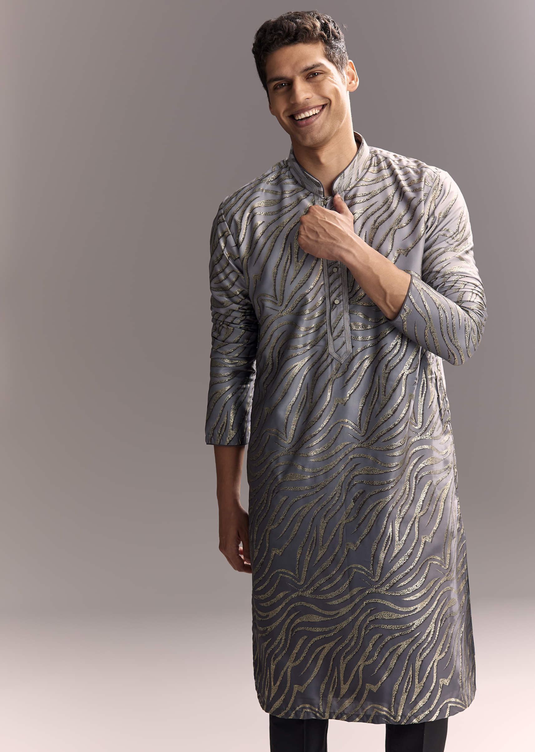 Grey Silk Printed Kurta Set For Men - Image 4