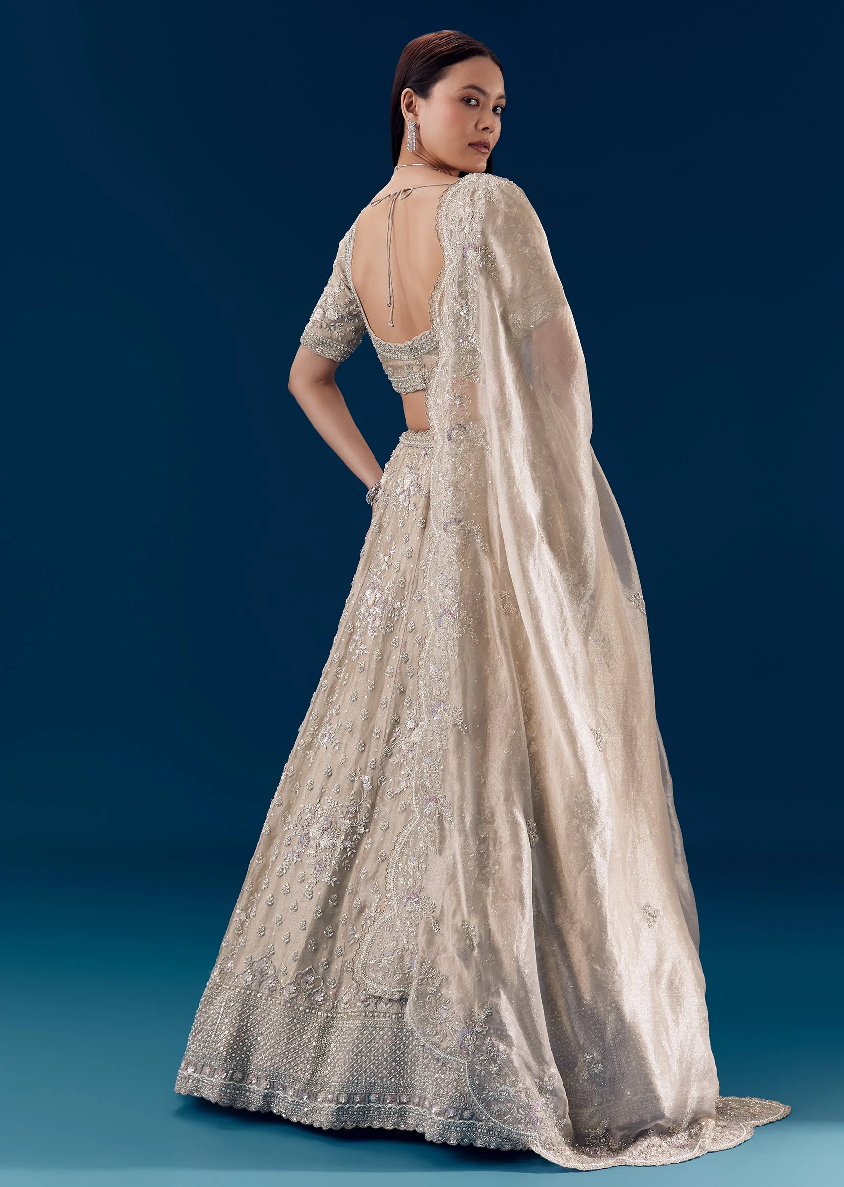 Grey Silk Sequin Embellished Bridal Lehenga Set - Image 2