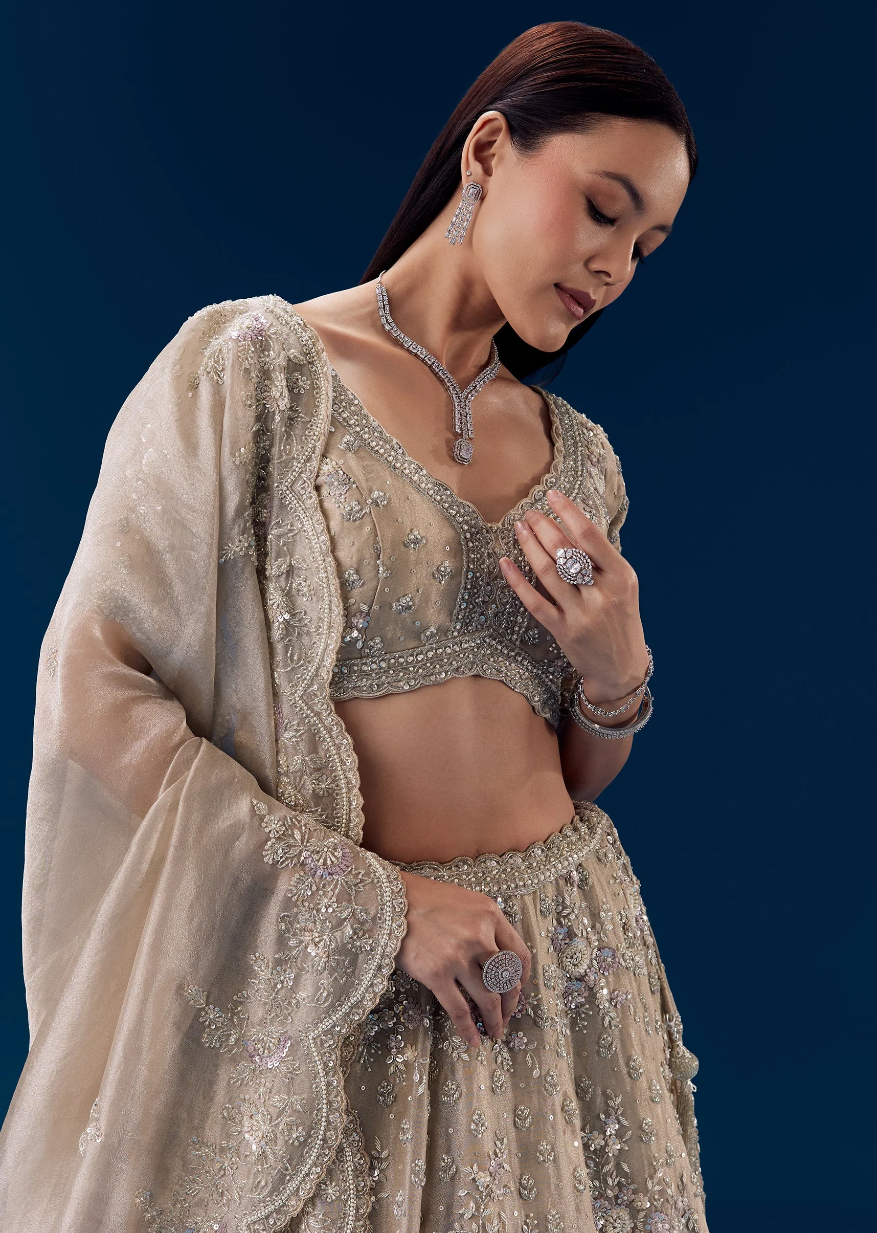 Grey Silk Sequin Embellished Bridal Lehenga Set - Image 3