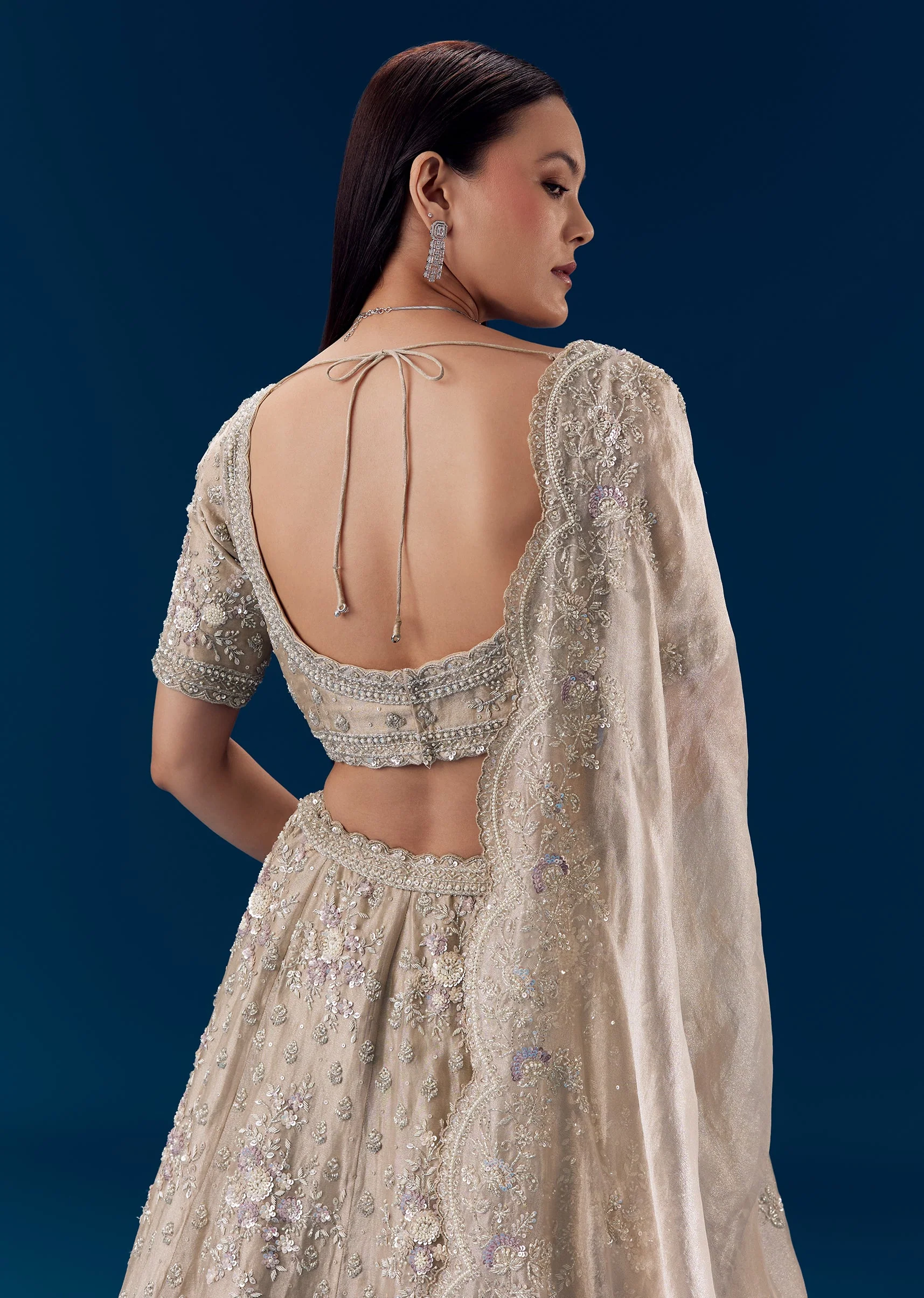 Grey Silk Sequin Embellished Bridal Lehenga Set - Image 6
