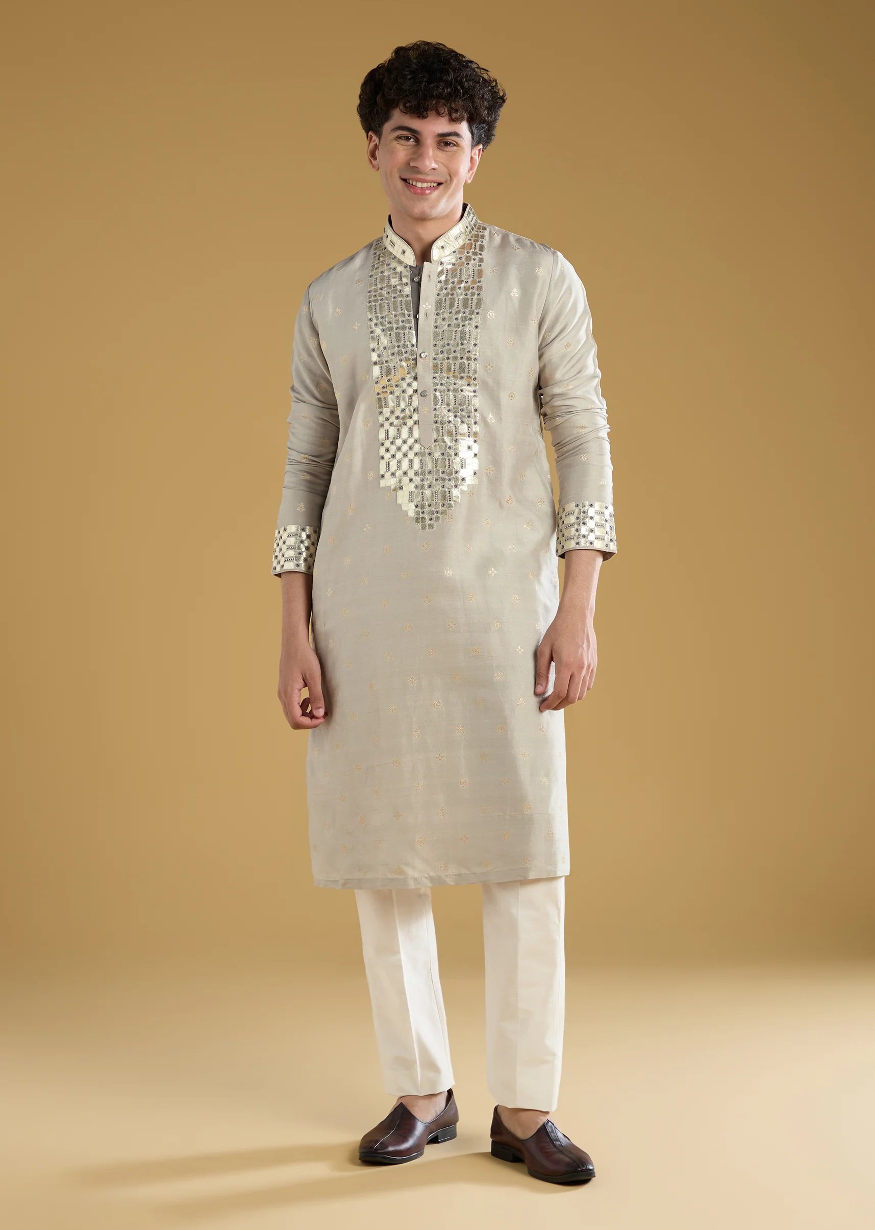 Grey Silk Yoke Embellished Kurta Set - Image 3