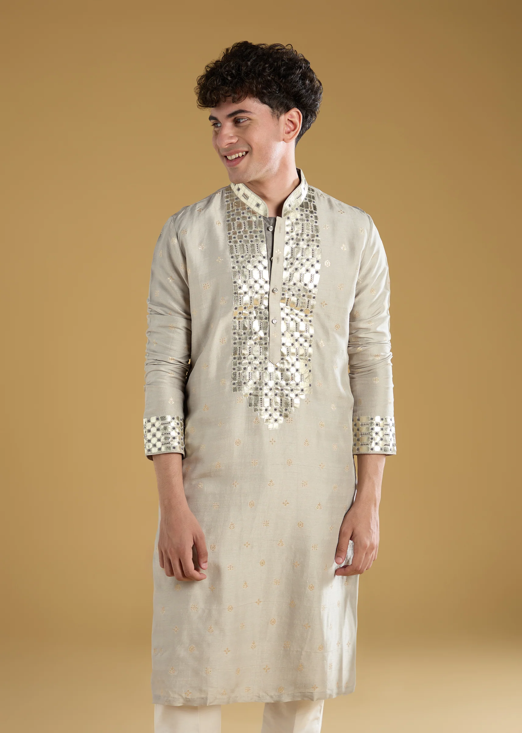 Grey Silk Yoke Embellished Kurta Set - Image 4