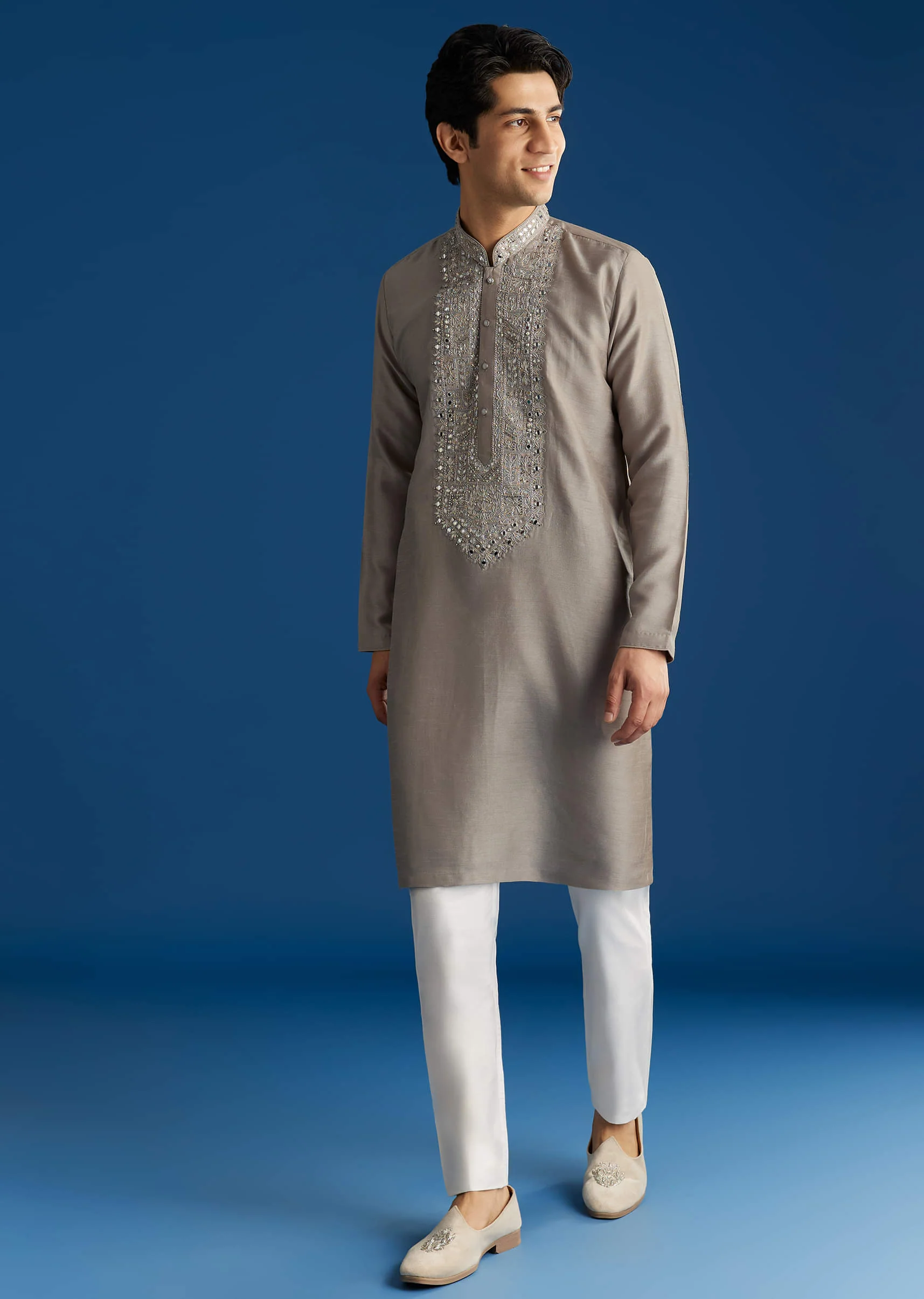 Grey Silk Yoke Mirror Gotta Work Zari Sequins Kurta Set - Image 2