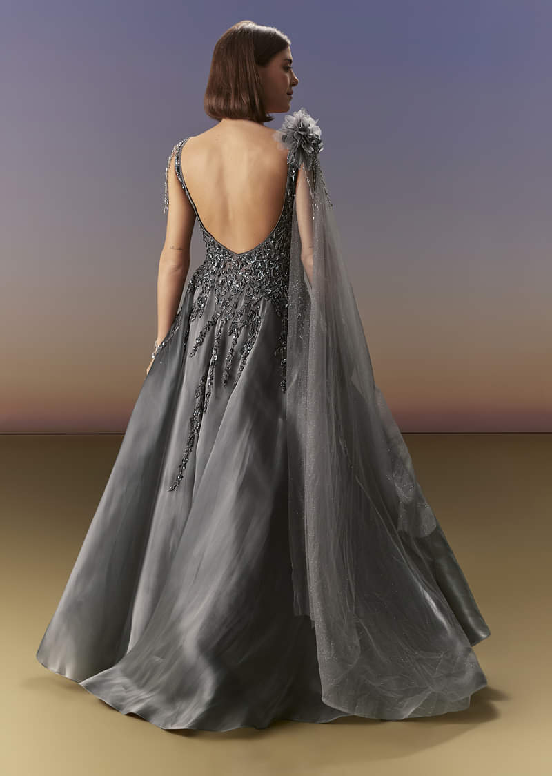 Grey Sleeveless Gown With Soft Net Trail And Shimmer - Image 2