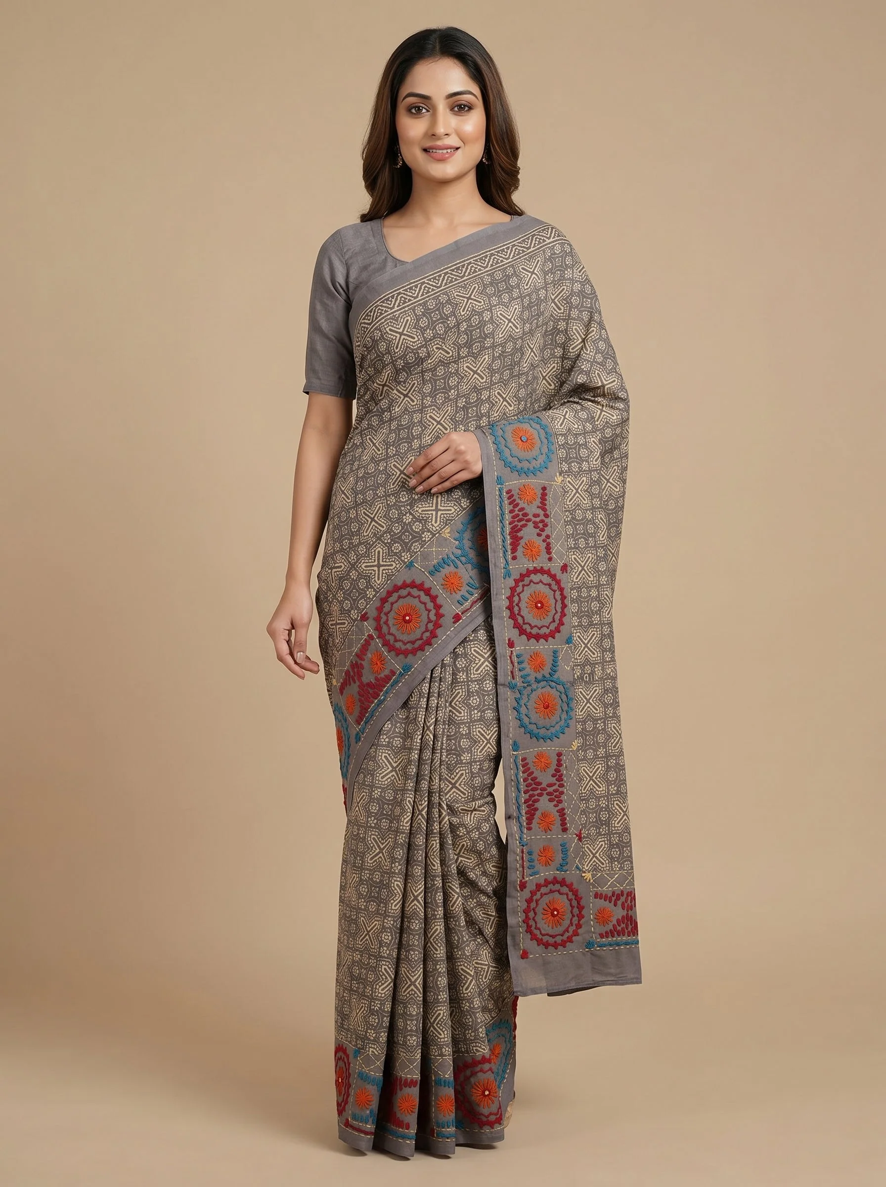 Grey Soft Embroidered Saree