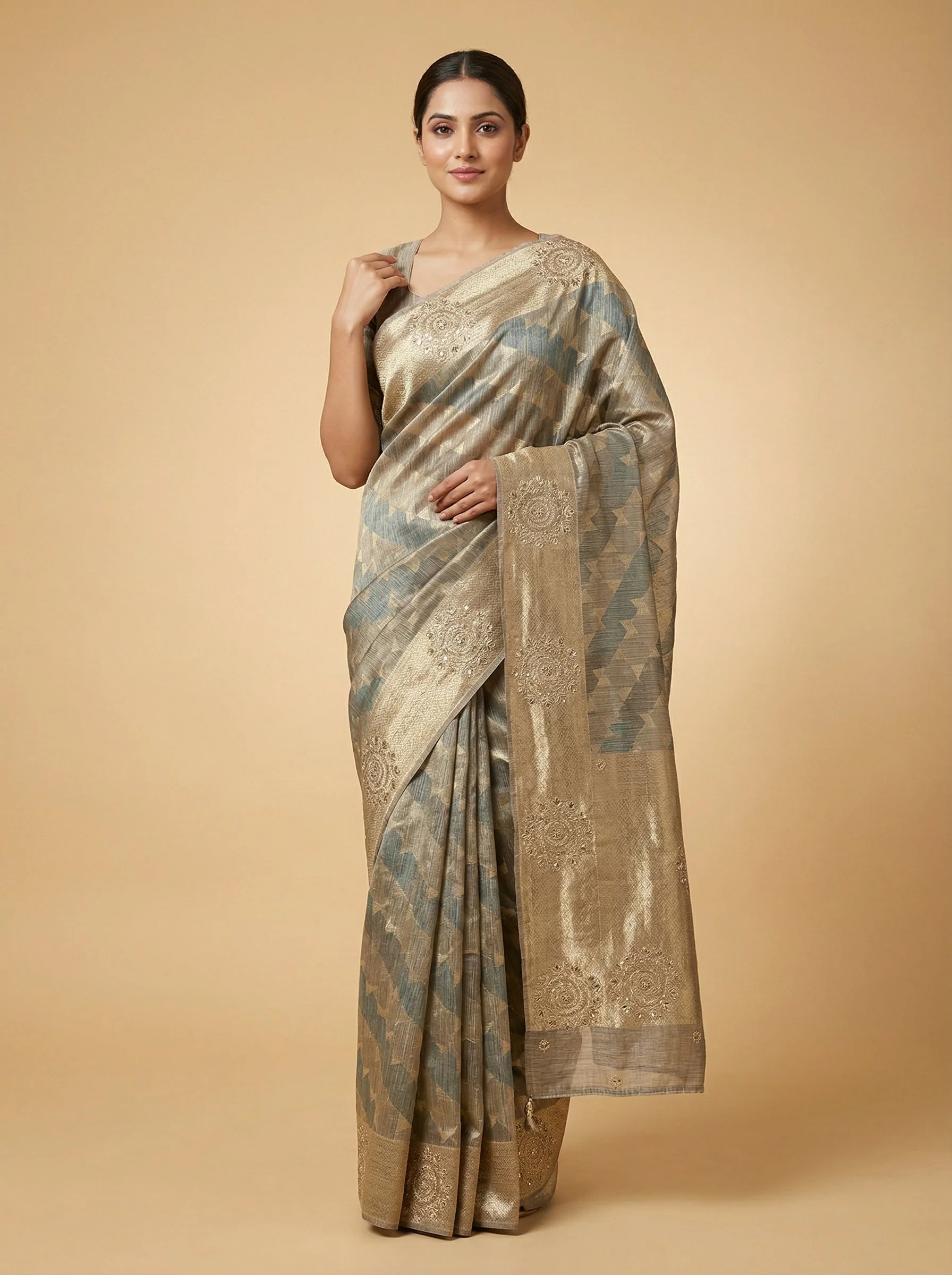Grey Streamlined Embroidered Saree