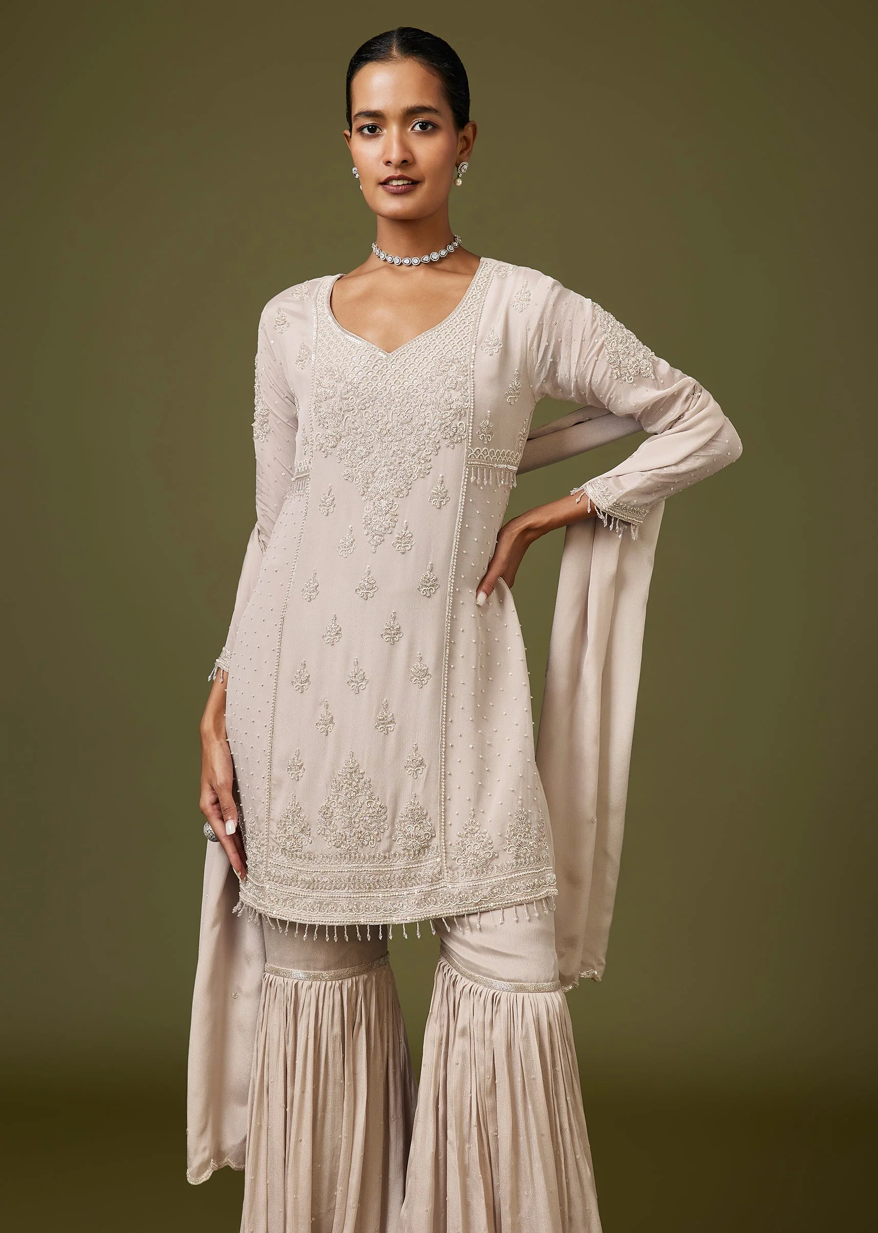 Grey Sweetheart Neck Sharara Suit With Cut Dana And Moti Work - Image 4