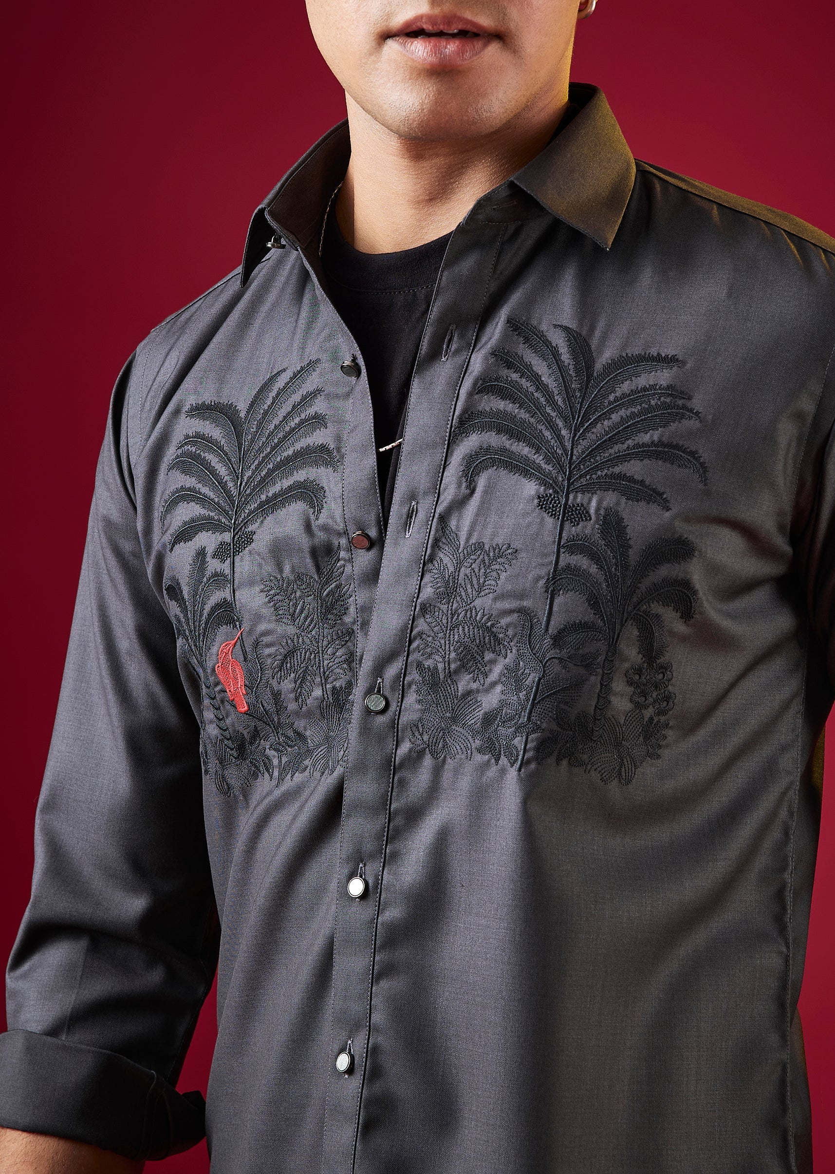 Grey Thread And Resham Embroidered Mens Shirt - Image 2