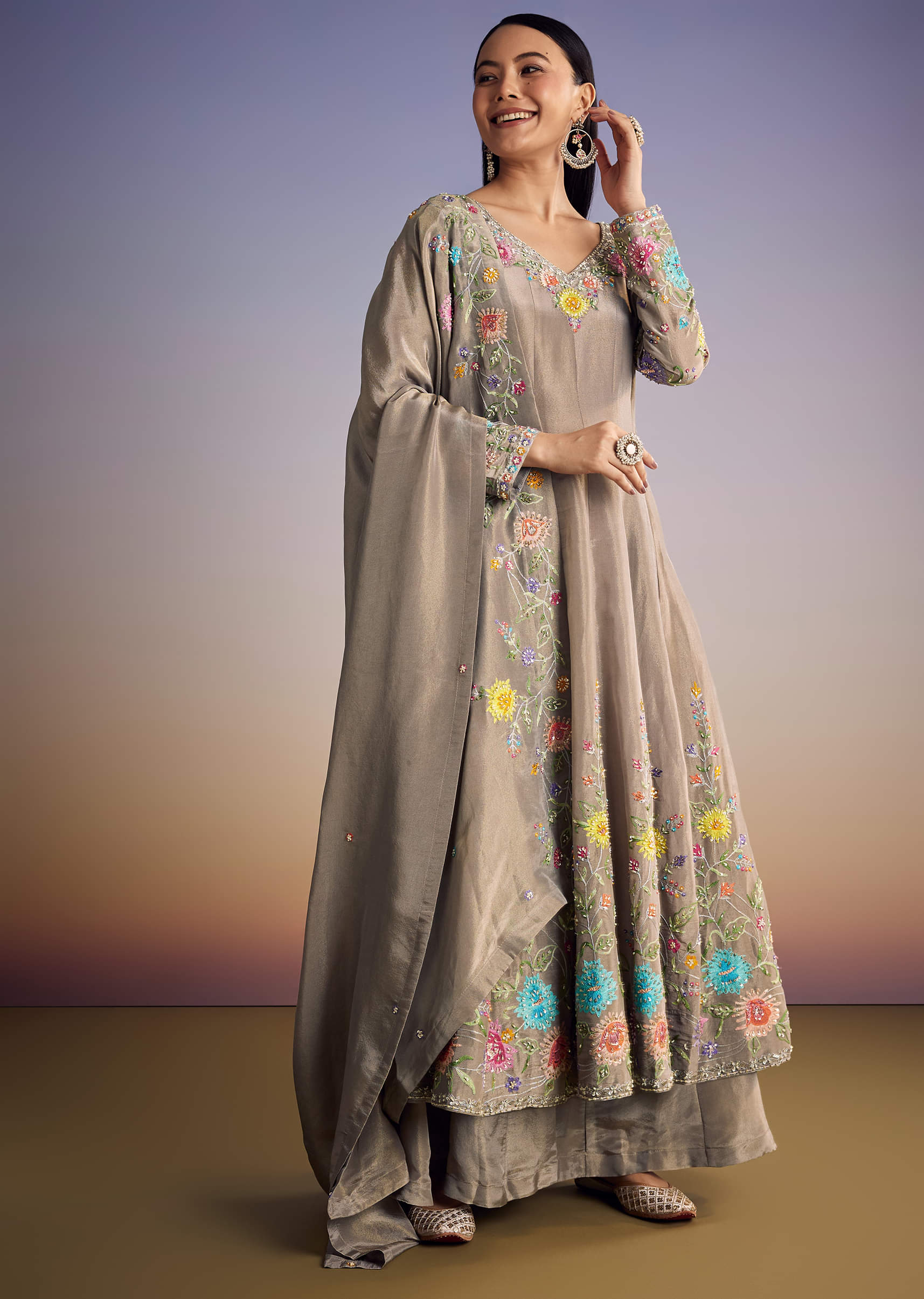 Grey Tissue Anarkali Set With Resham And Moti Work - Image 4