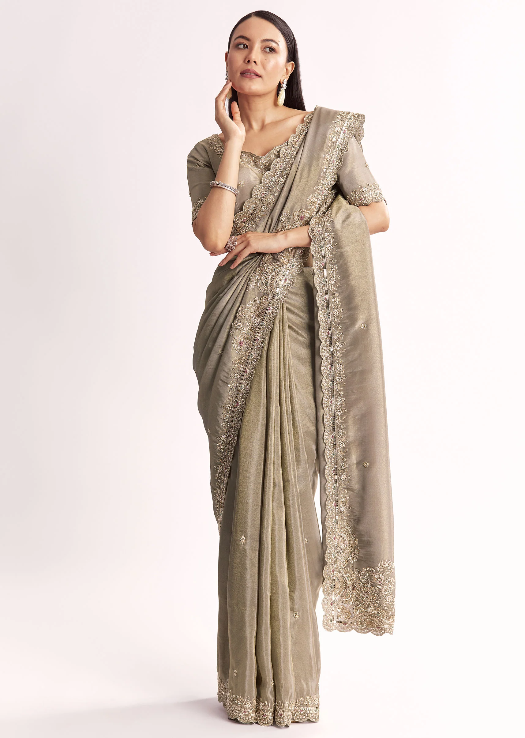 Grey Tissue Saree With Cutdana Sequins Beads And Resham Embroidery - Image 3