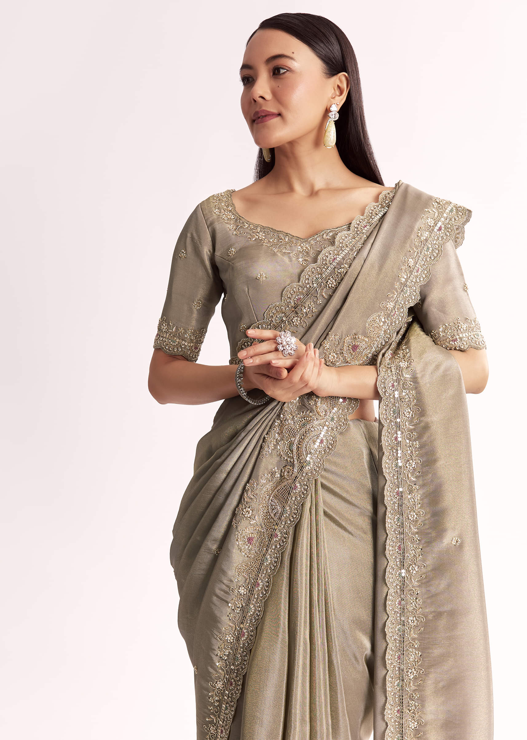 Grey Tissue Saree With Cutdana Sequins Beads And Resham Embroidery - Image 5