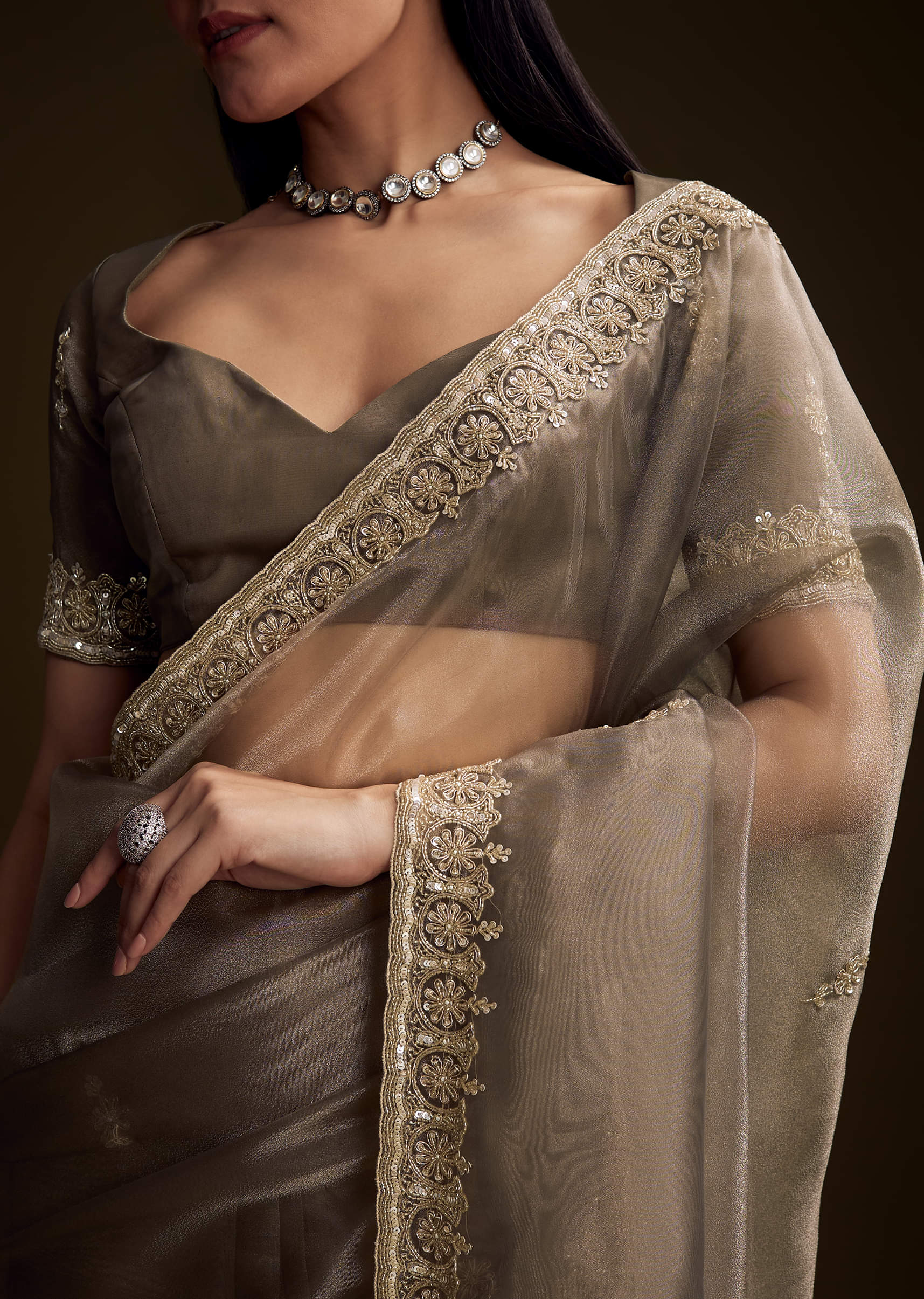 Grey Tissue Saree With Floral And Zardosi Embroidery - Image 2