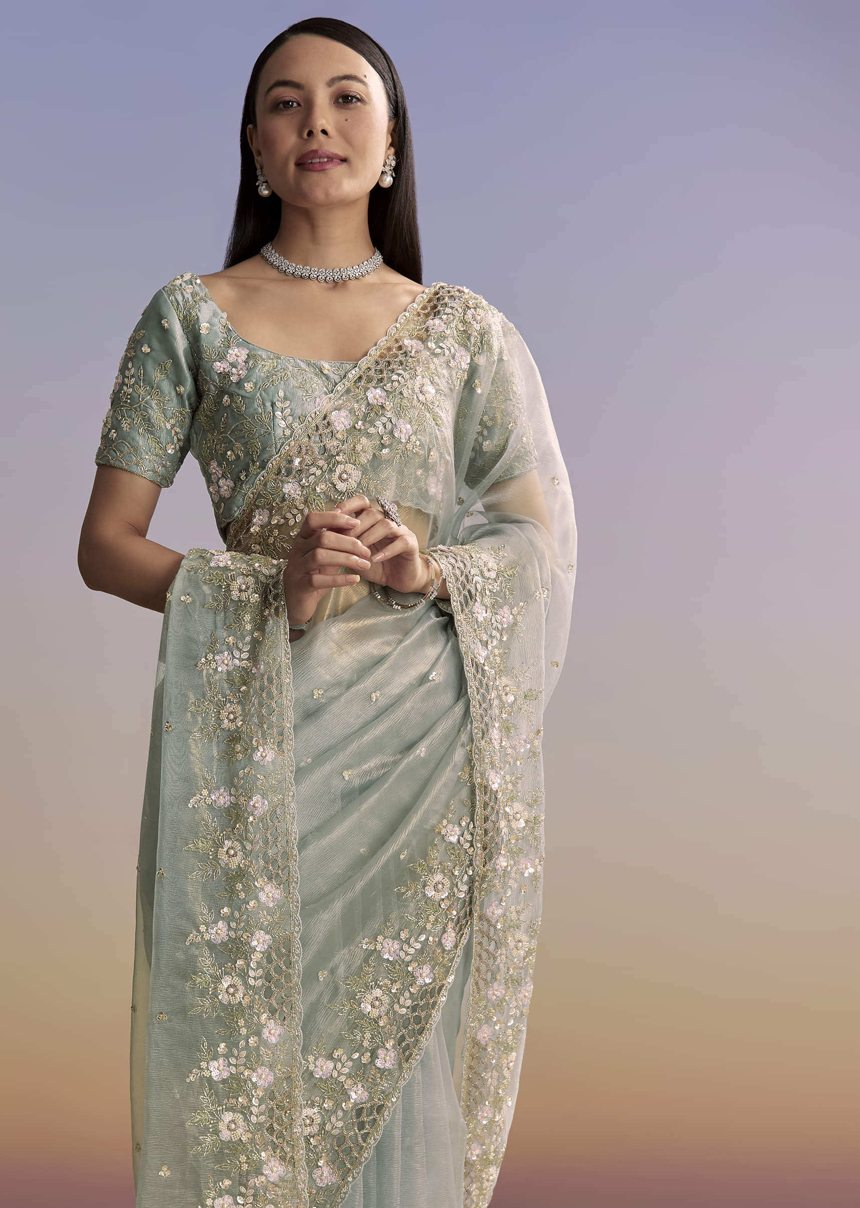Grey Tissue Saree With Floral Embroidery And Cutwork Border - Image 5