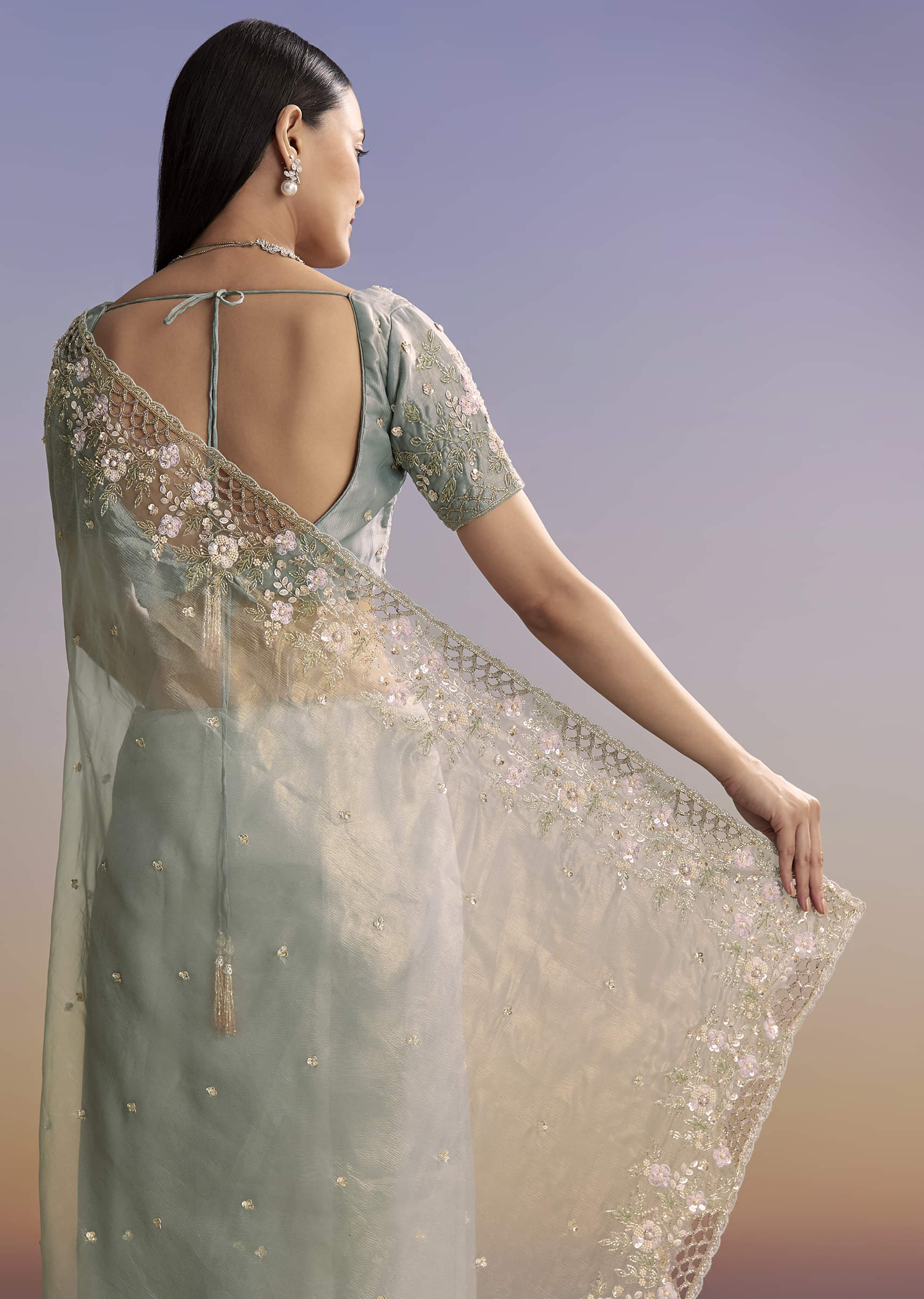 Grey Tissue Saree With Floral Embroidery And Cutwork Border - Image 6