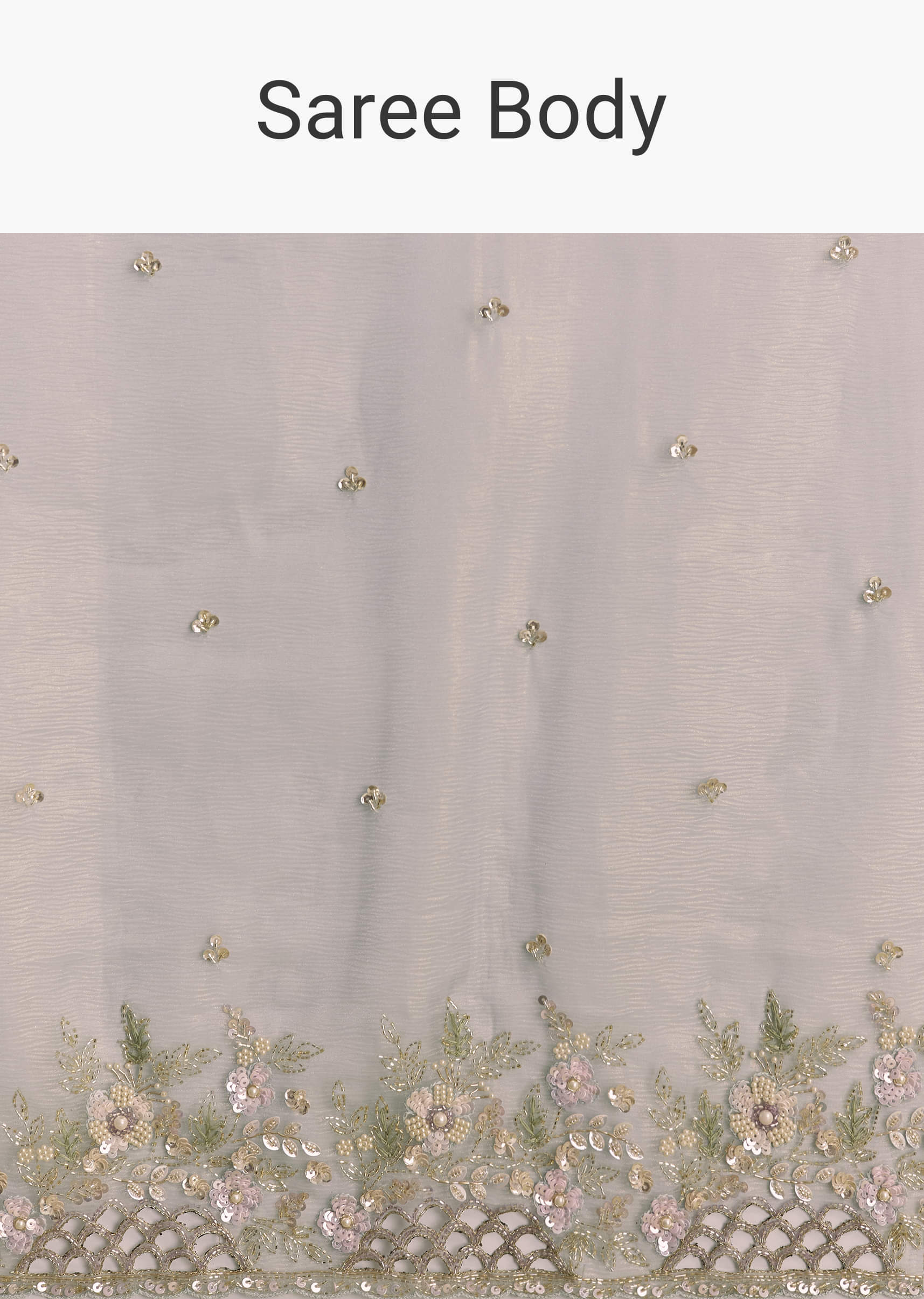 Grey Tissue Saree With Floral Embroidery And Cutwork Border - Image 8
