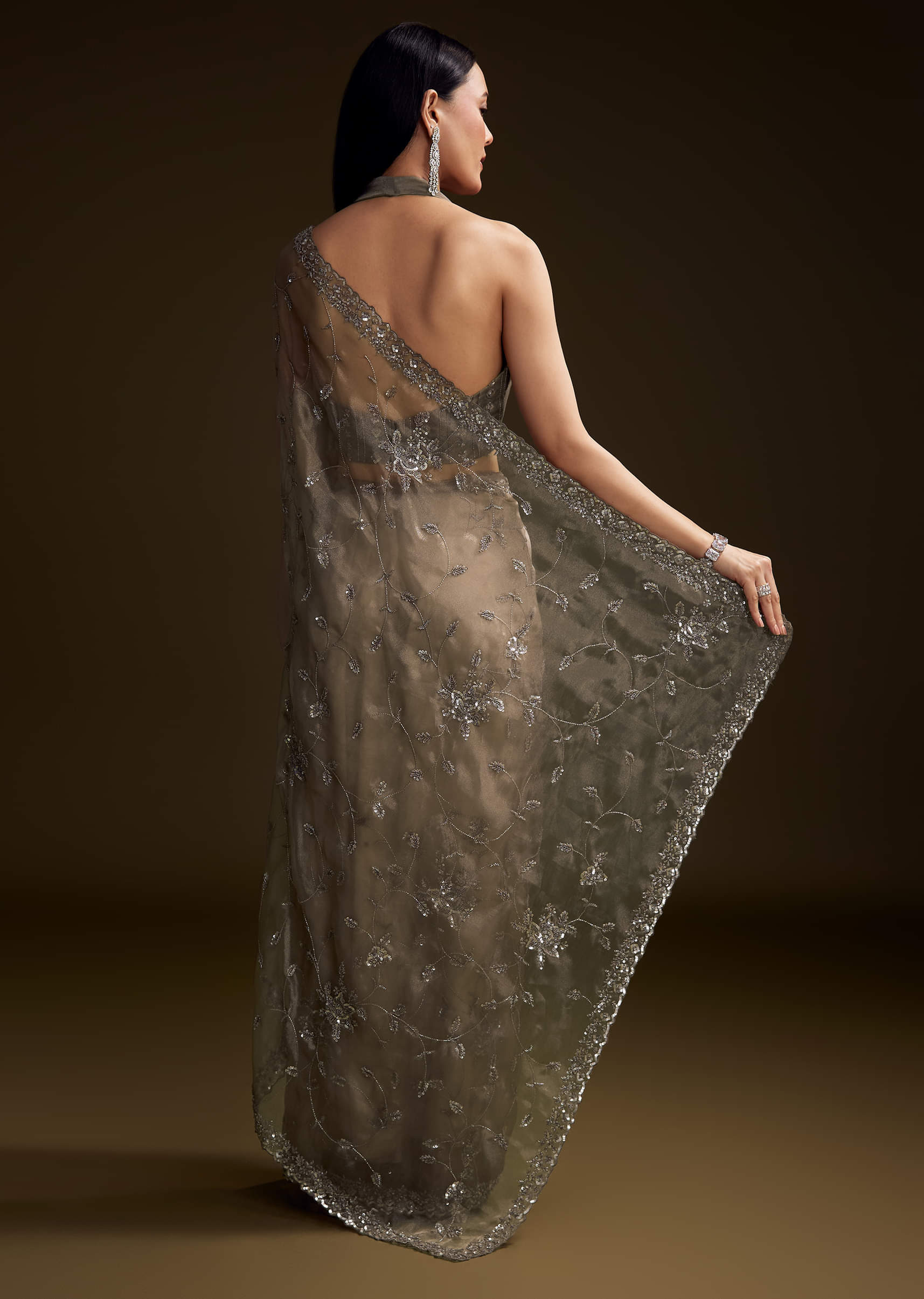 Grey Tissue Saree With Floral Jaal And Sequin Embroidery - Image 3