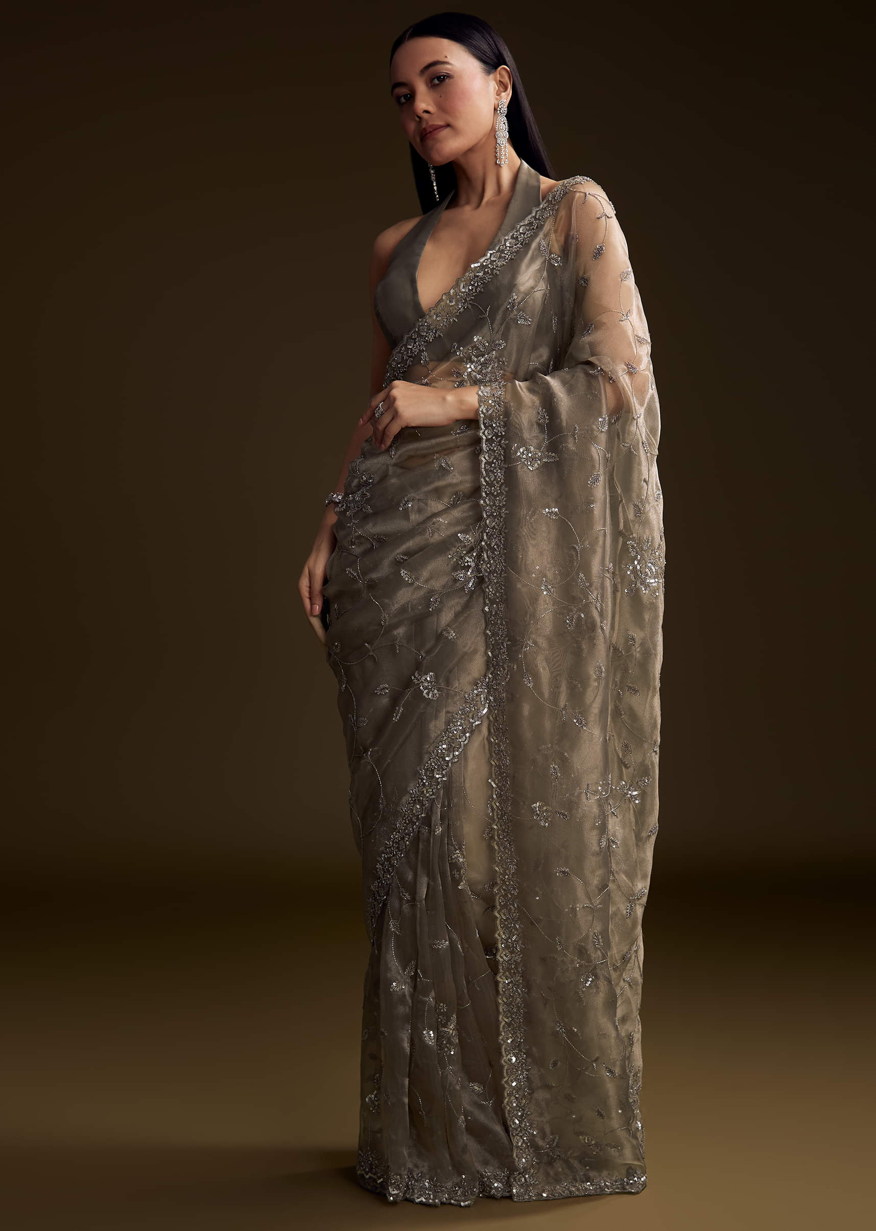 Grey Tissue Saree With Floral Jaal And Sequin Embroidery - Image 4